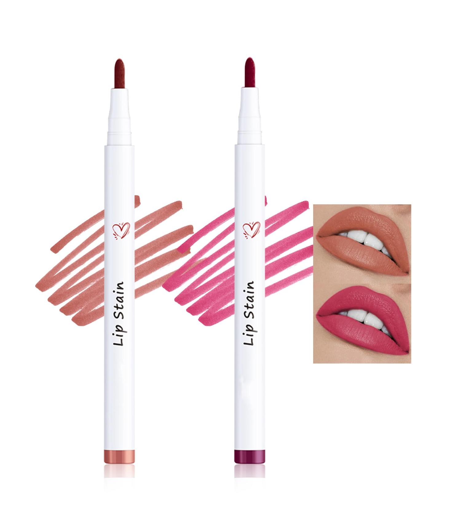 Long-Lasting Lip Stain Marker Pen Set - Waterproof Matte Red Lip Liner & Liquid Lipstick for Precise Makeup - 2 Pcs - Buy Online on GoSupps.com