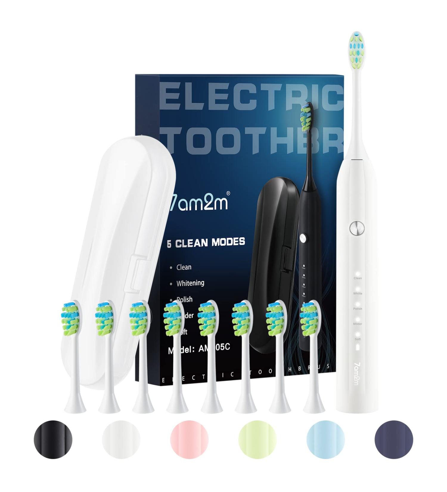 7am2m Sonic Electric Toothbrush for Adults and Kids with Travel Case and 8 Brush Heads 5 Modes with 2 Minutes Build in Smart Timer Roman Column Handle Design (White) White With Travel Case - Buy Online on GoSupps.com