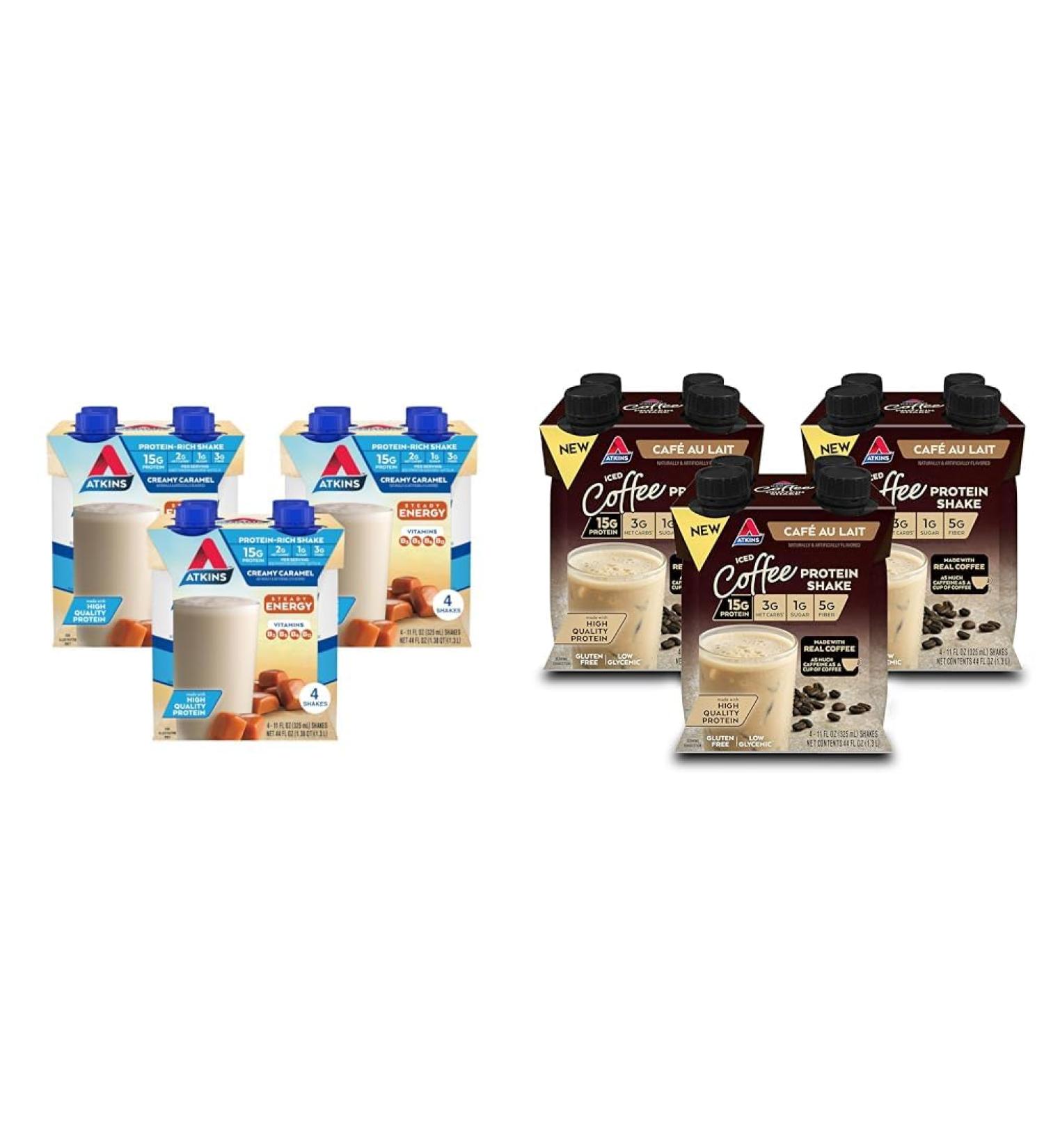 Atkins Energy Shake Creamy Caramel with Protein Gluten Free Keto-Friendly 4 Count(Pack of 3) and Atkins Caf au Lait Iced Coffee Protein Shake 15g Protein Low Glycemic 3g Net Carb 1g Sugar Keto Friendly 12 Count - Buy Online on GoSupps.com