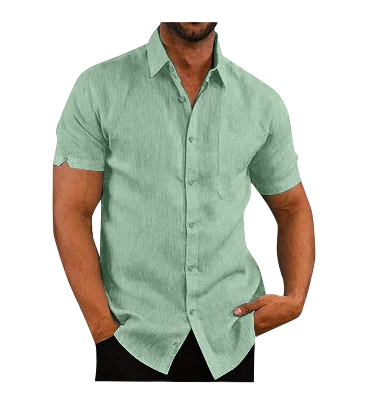 Buy Men's Linen Reversal Collar Short-Sleeved Henley Shirt - Mint Green | Loose Fit Business & Medieval Style - Buy Online on GoSupps.com
