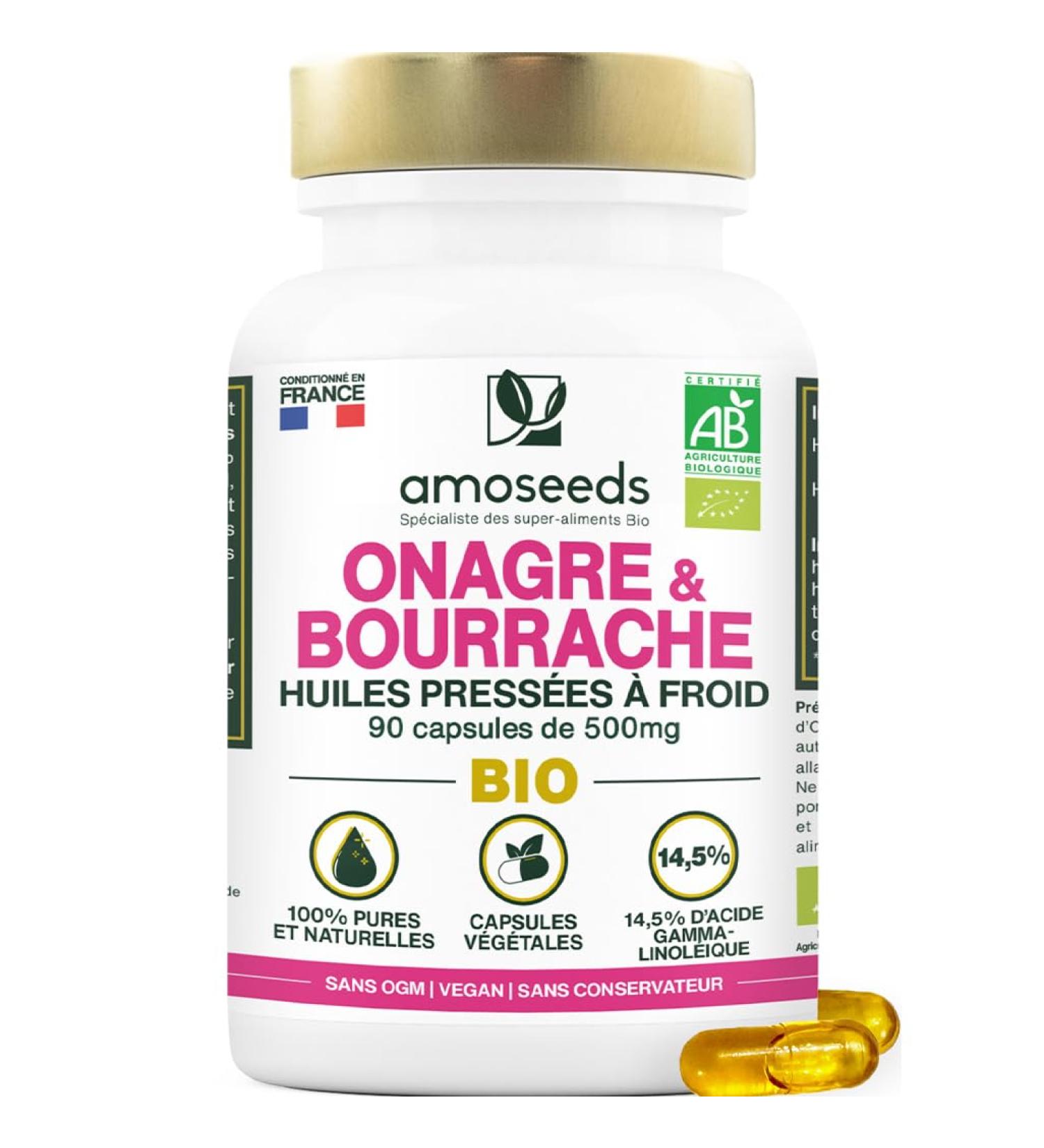 Huile d Onagre et Bourrache BIO | Premi re pression froid | 14 5% acide gamma-linol ique | 90 capsules v g tales vegan | Fabriqu en France | Qualit Sup rieure - Buy Online on GoSupps.com