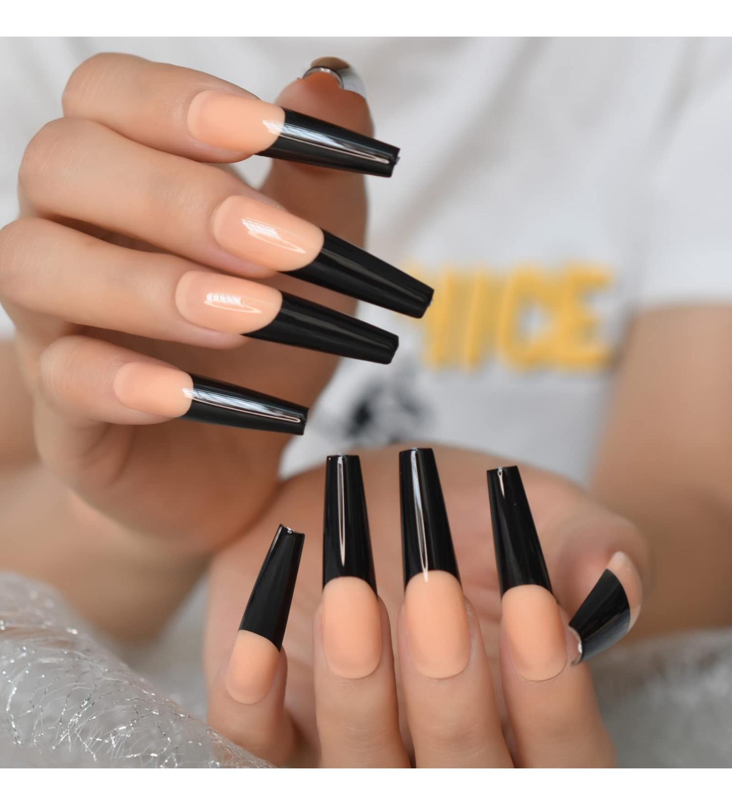Black Lace French Artificial Nails - Extra Long Coffin Shiny Acrylic U-Shaped Tips - 24-Piece Party Set for Women - Buy Online on GoSupps.com