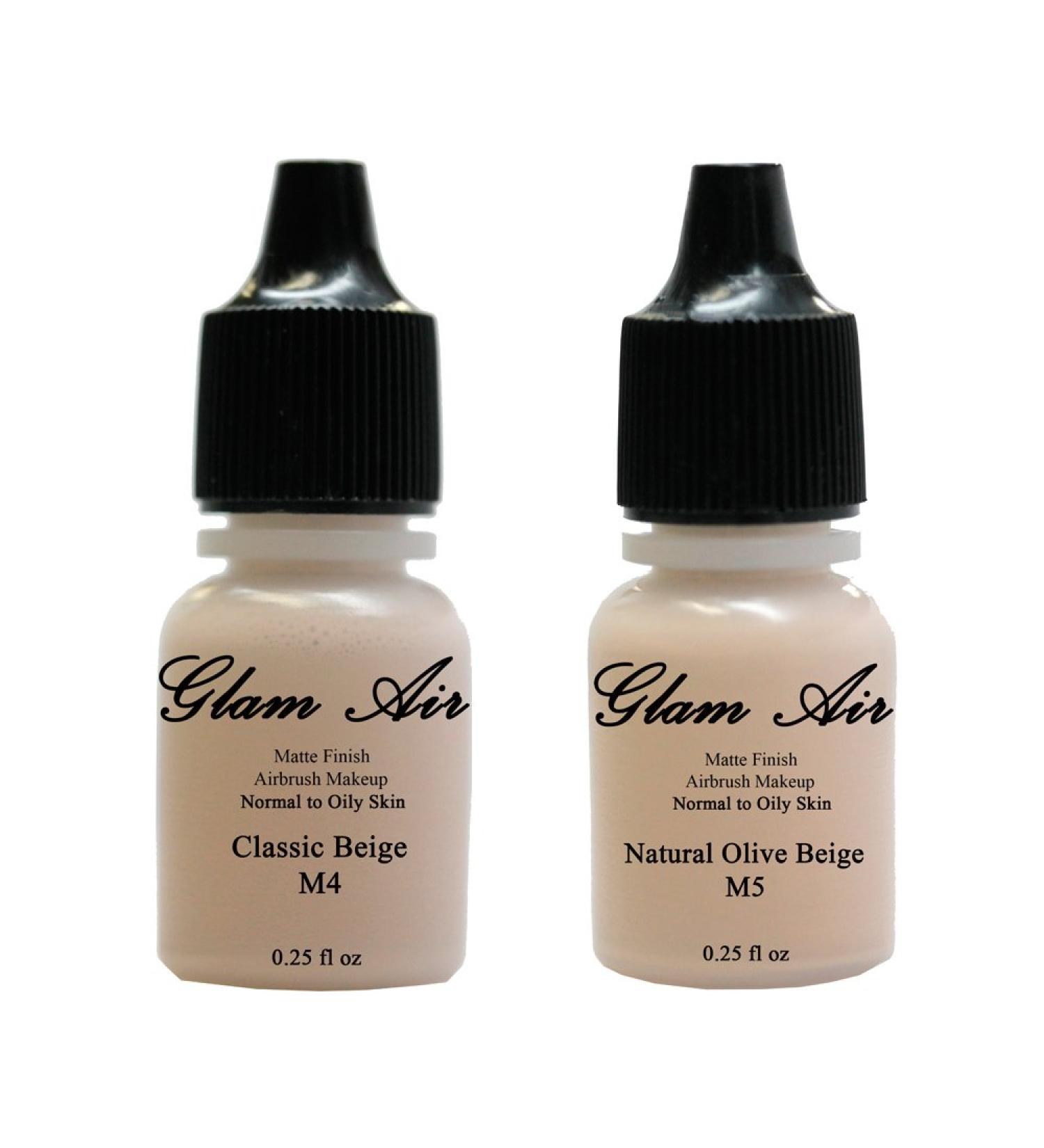 (2) Two Glam Air Airbrush Makeup Foundations M4 Classic Beige & M5 Natural Olive Beige for Flawless Looking Skin Matte Finish for Normal to Oily Skin (Water Based)0.25oz Bottles(Medium Skin Tone) - Buy Online on GoSupps.com