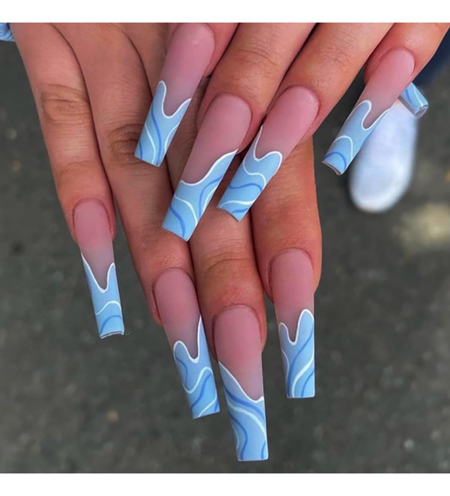 Brishow Long False Nails - Wave Press On Nails 24pcs for Women & Girls (Blue) - Trendy Artificial Nails for Easy Application & Stunning Look - Buy Online on GoSupps.com