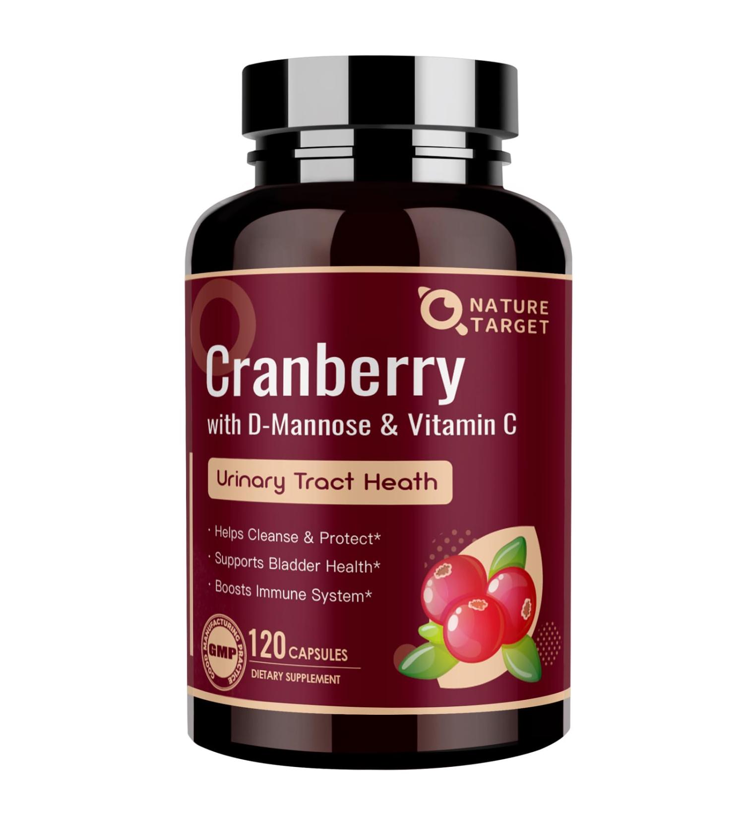 NATURE TARGET Cranberry Pills with D-Mannose for Women - Super Strength 80:1 Extract - Cranberry Supplement 16800 mg with Vitamin C, Supports Urinary Tract Health, Bladder Control, 120 Veggie Capsules 120 Count (Pack of 1) - Buy Online on GoSupps.com