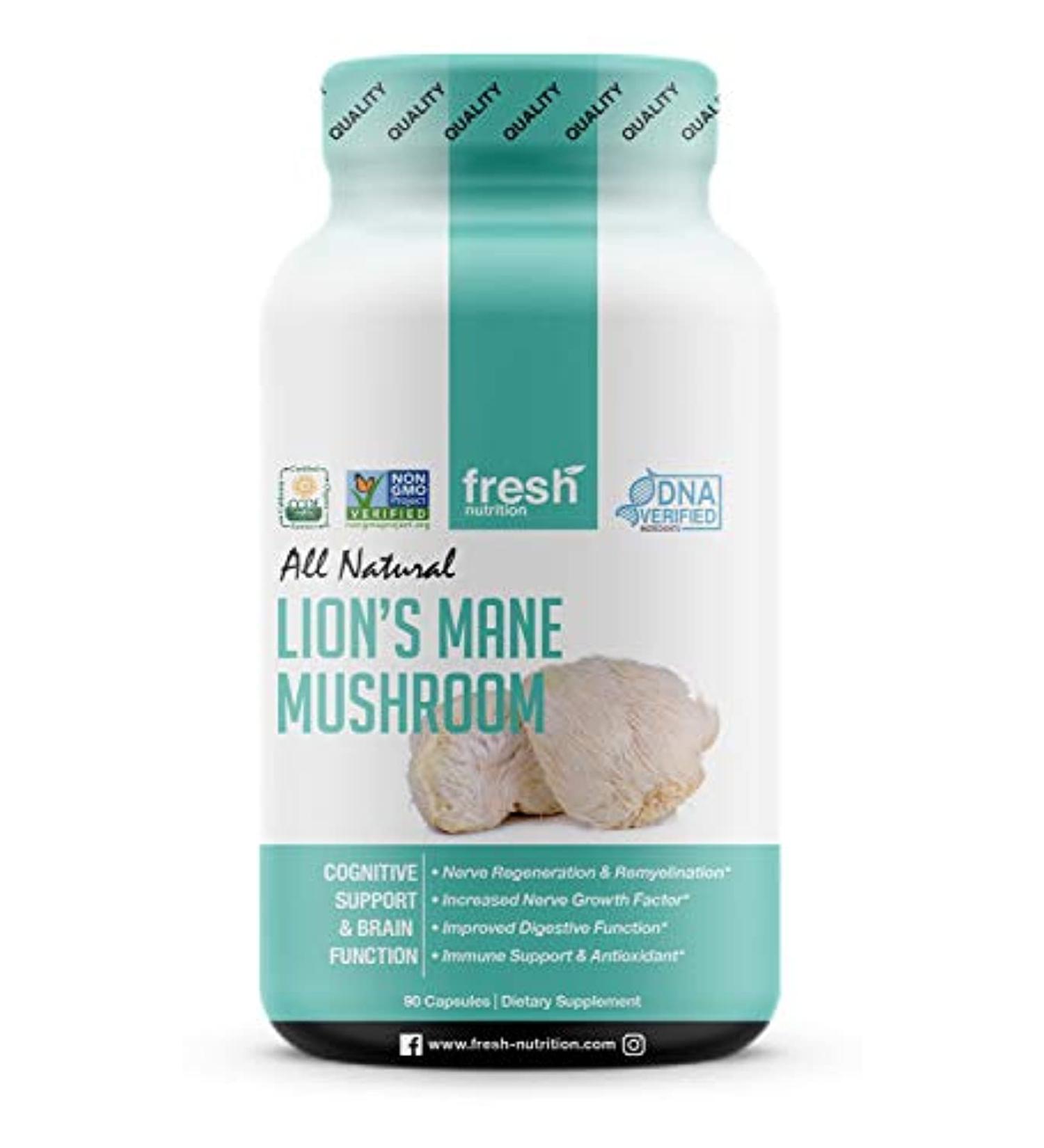Fresh Nutrition Organic Lions Mane Mushroom Capsules - DNA Verified Formula - Rich in Alpha Glucan - Superfood Supplement - Vegan Friendly | Non GMO & Gluten Free - Buy Online on GoSupps.com