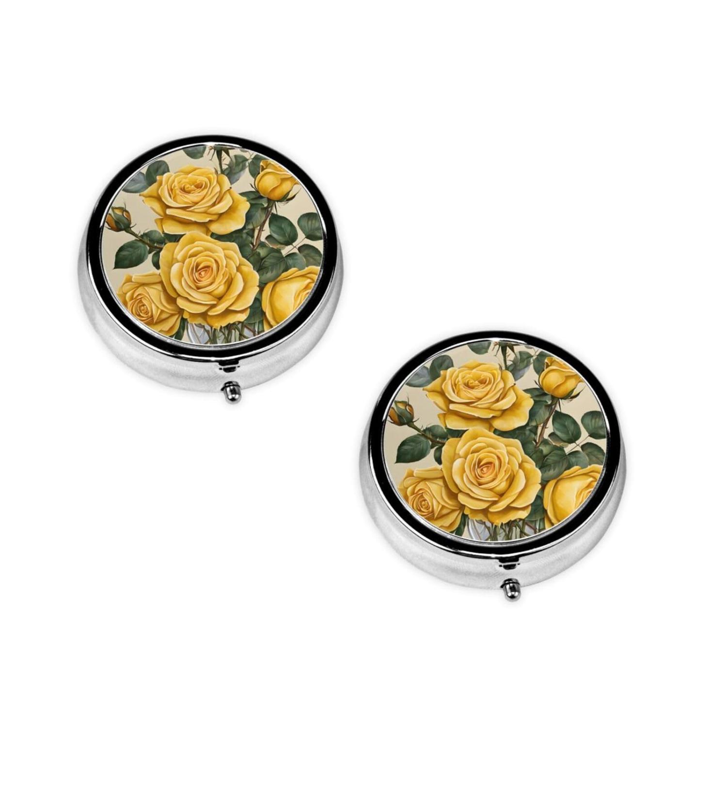 Yellow Rose Printed Mini Round Pill Box - 3 Compartment Travel Organizer for Medicine | Portable Pill Case for Home & Office - Buy Online on GoSupps.com