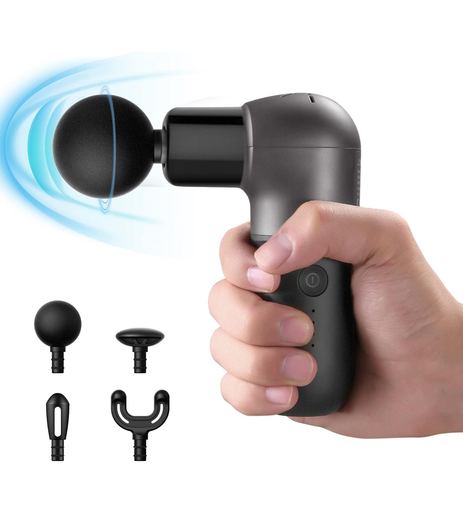 Kebor Mini Massage Gun - Portable Electric Muscle Massager with 5 Intensities, 4 Heads, USB Charging - Black - Buy Online on GoSupps.com