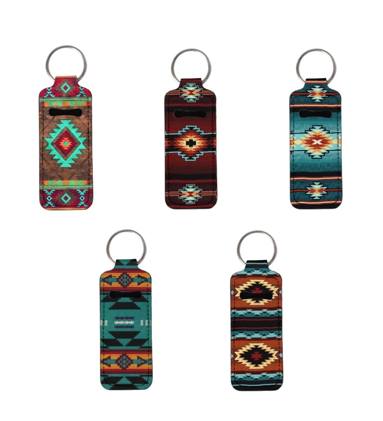 Baxinh Full Set of 5 Pieces Chapstick Holder Keychain for Women Girl Neoprene Lip Balm Protector Aztec Southwest Pattern - Multicolor