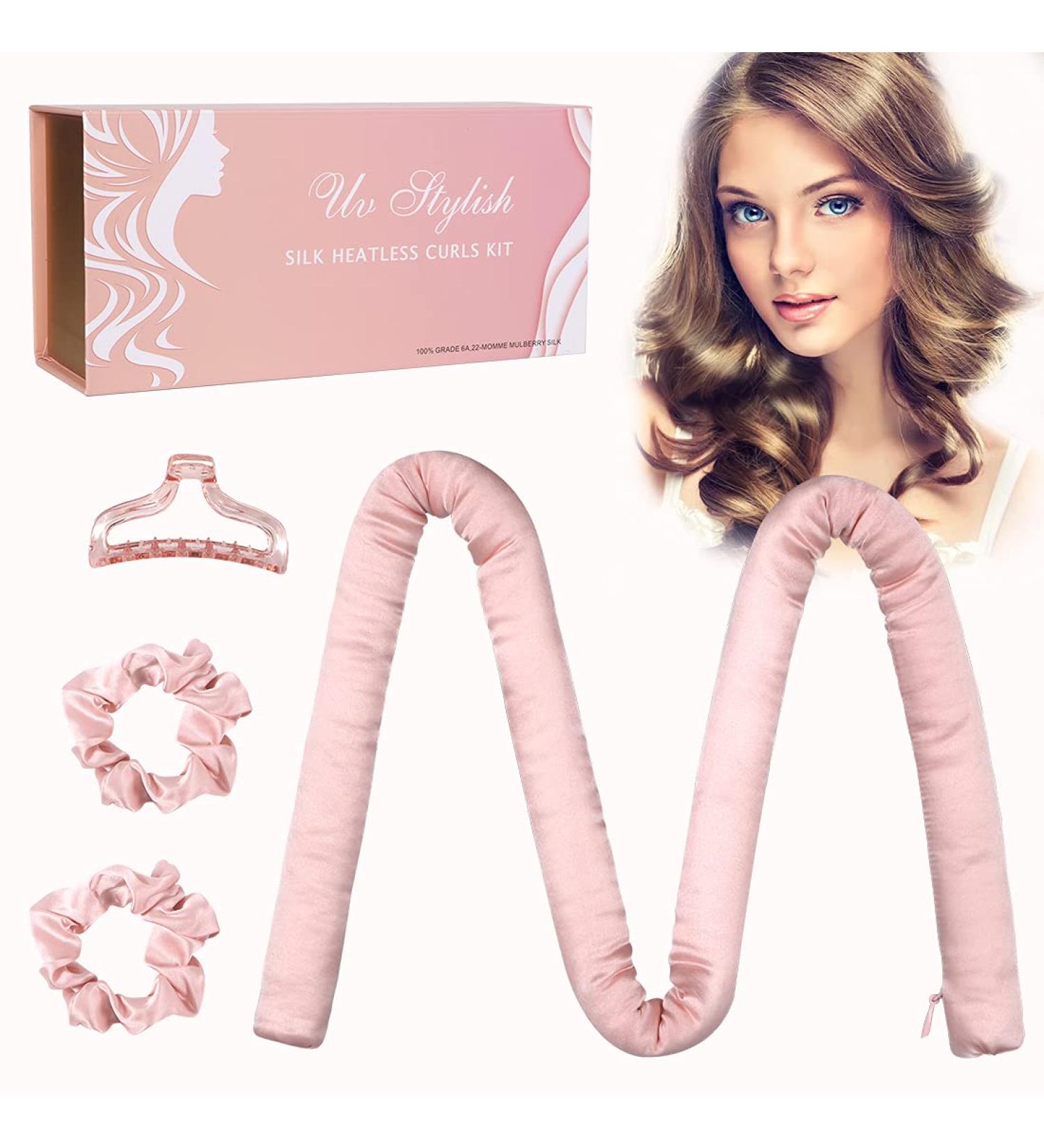 100% Mulberry Silk Heatless Hair Curlers Headband for Long Hair - No Heat Curling Rod Ribbon Rollers for Sleep - Pink Cute Gift Box for Women - Buy Online on GoSupps.com