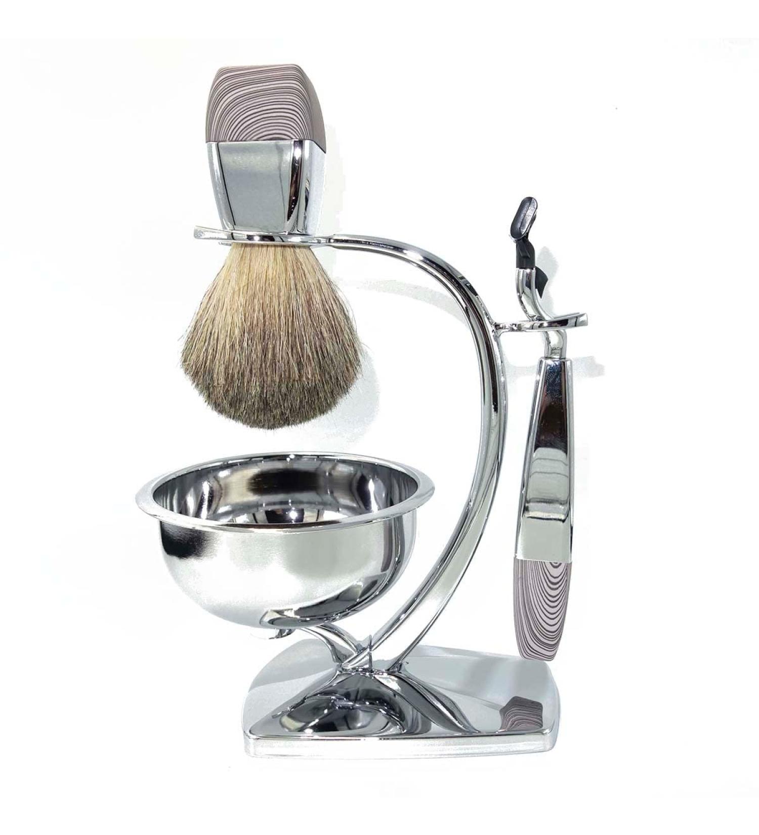 BGGIWY High-Quality Shaving Brushes | Classic 4-Piece Gift Set for Men | Natural Roof Hair & Wooden Razor Holder - 15x20cm Silver - Buy Online on GoSupps.com