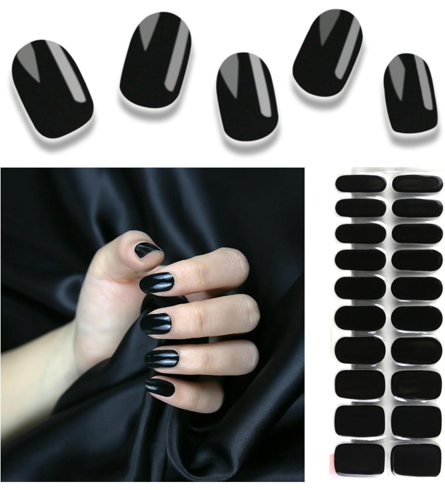 Foyute Semi Cured Gel Nail Strips 20 Pcs Soft Self-Adhesive Gel Nail Polish Wraps Sticker for Salon-Quality Manicure Set Long Lasting Easy to Apply & Remove Nail File & Wooden Stick (Black) - Buy Online on GoSupps.com