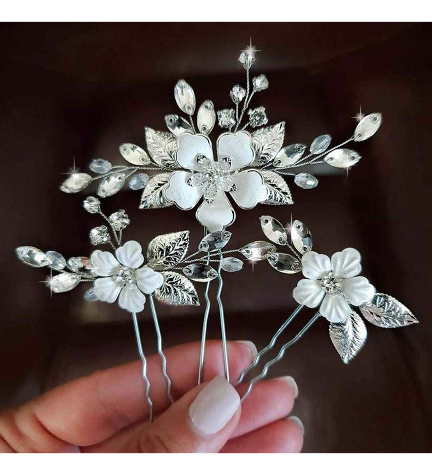 Bride Wedding Silver Crystal Hair Pins - 3 Pack Bridal Headpieces for Women and Girls - A-Silver - Buy Online on GoSupps.com