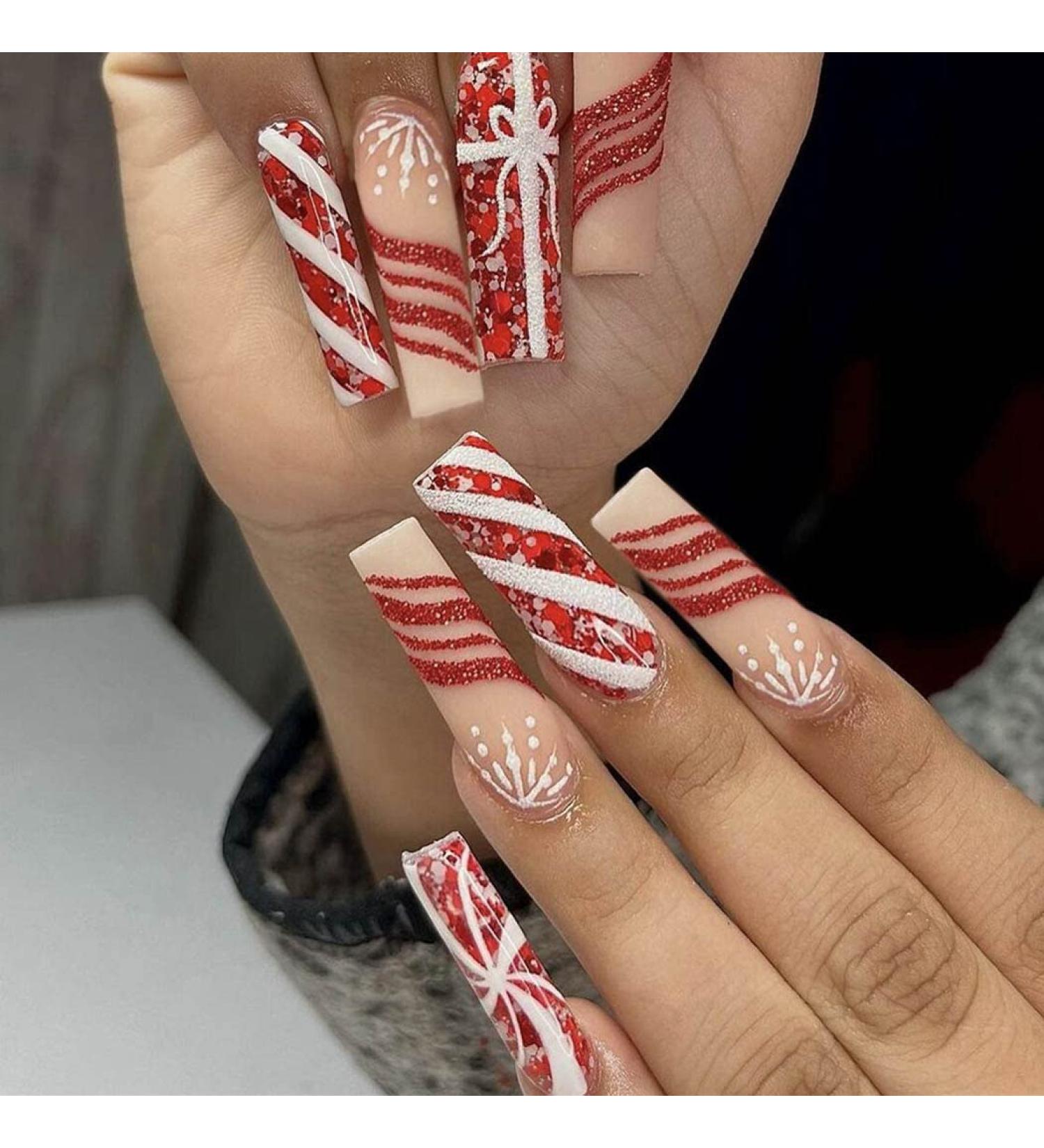 Vatocu Christmas Snowflake Glitter Press on Nails - 24pcs Long Ballerina Fake Nails for Women and Girls - Buy Online on GoSupps.com