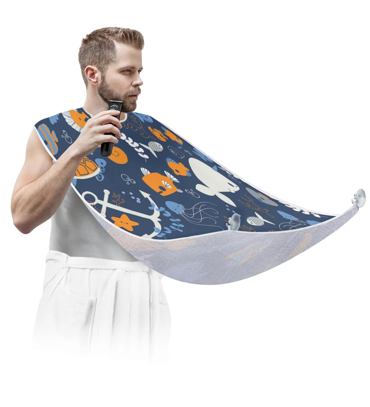 Beard Bib Apron for Men - Waterproof Hair Catcher Cape for Shaving & Trimming | Non-Stick Grooming Cloth - Whale Seahorse Design - Buy Online on GoSupps.com
