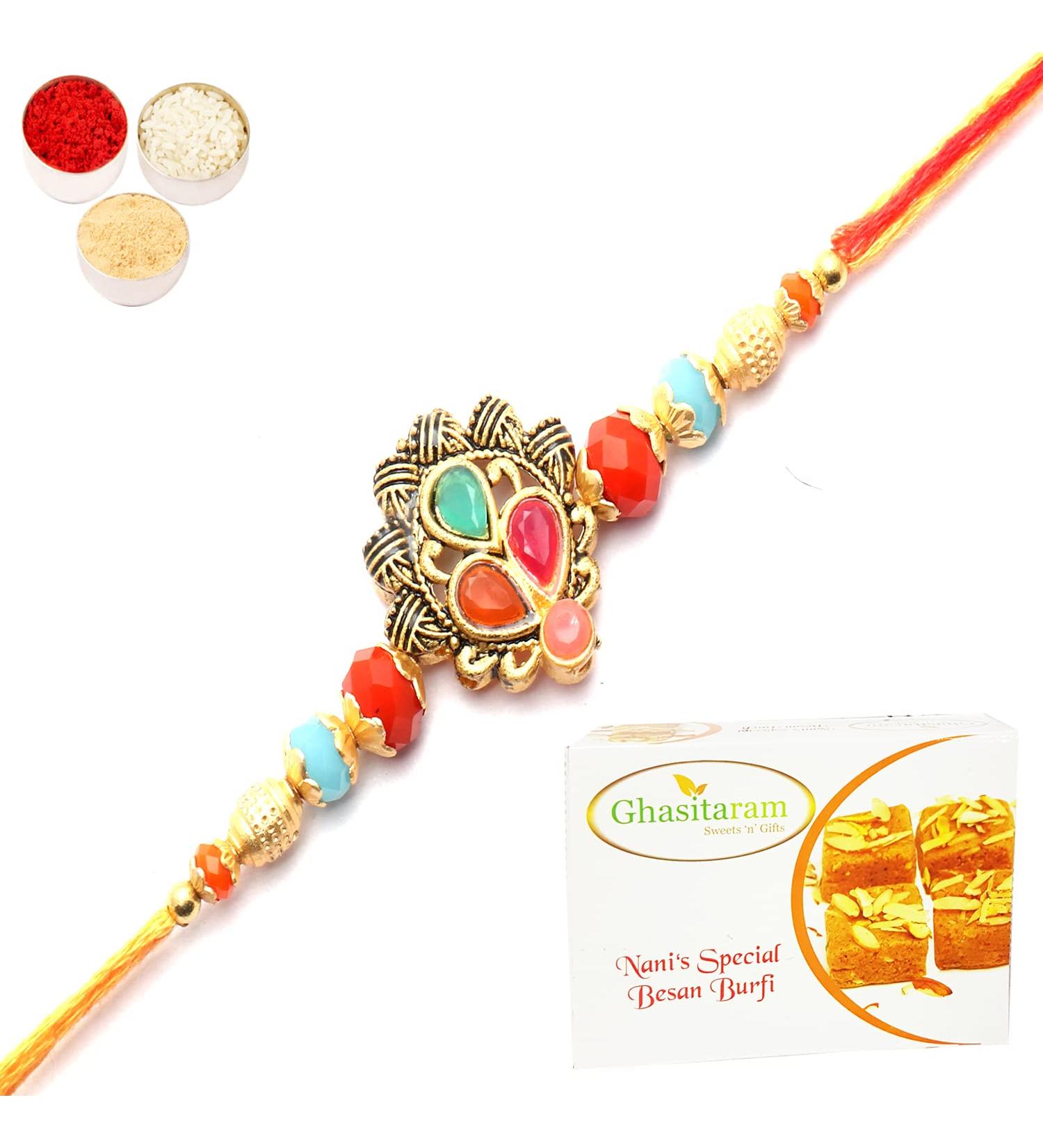 Ghasitaram Gifts Rakhi for Brother Rakhis Online - The Beautiful Colours of Our Lives Rakhi with 400 GMS of Besan Barfi Rakhi Set with 400 gms of Besan Barfi - Buy Online on GoSupps.com