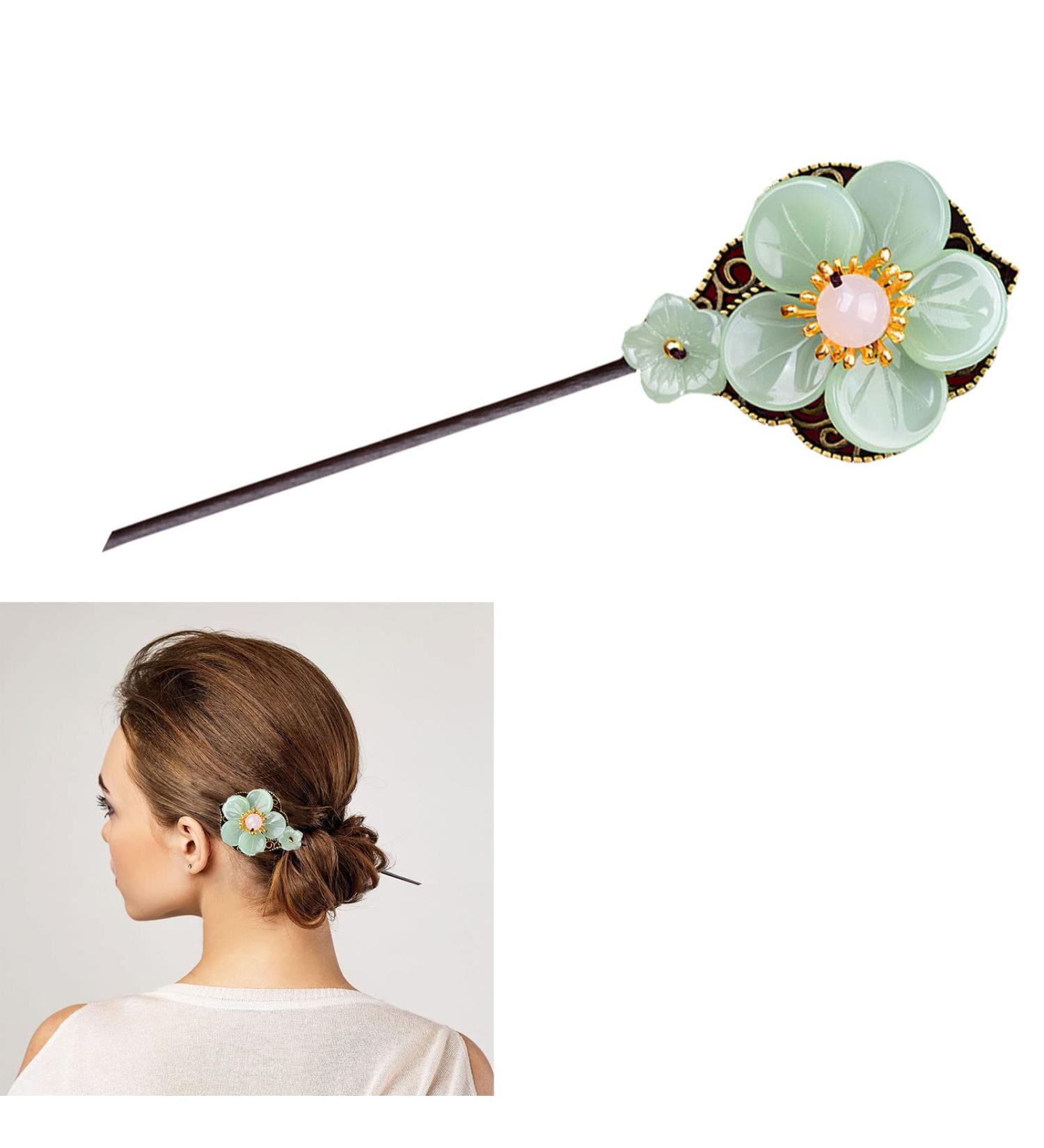 Chinese Hair Sticks for Women Buns | Retro Flower Hair Chopsticks - Vintage Chinese Hairpins | Hanfu Hair Accessories in Green - Buy Online on GoSupps.com