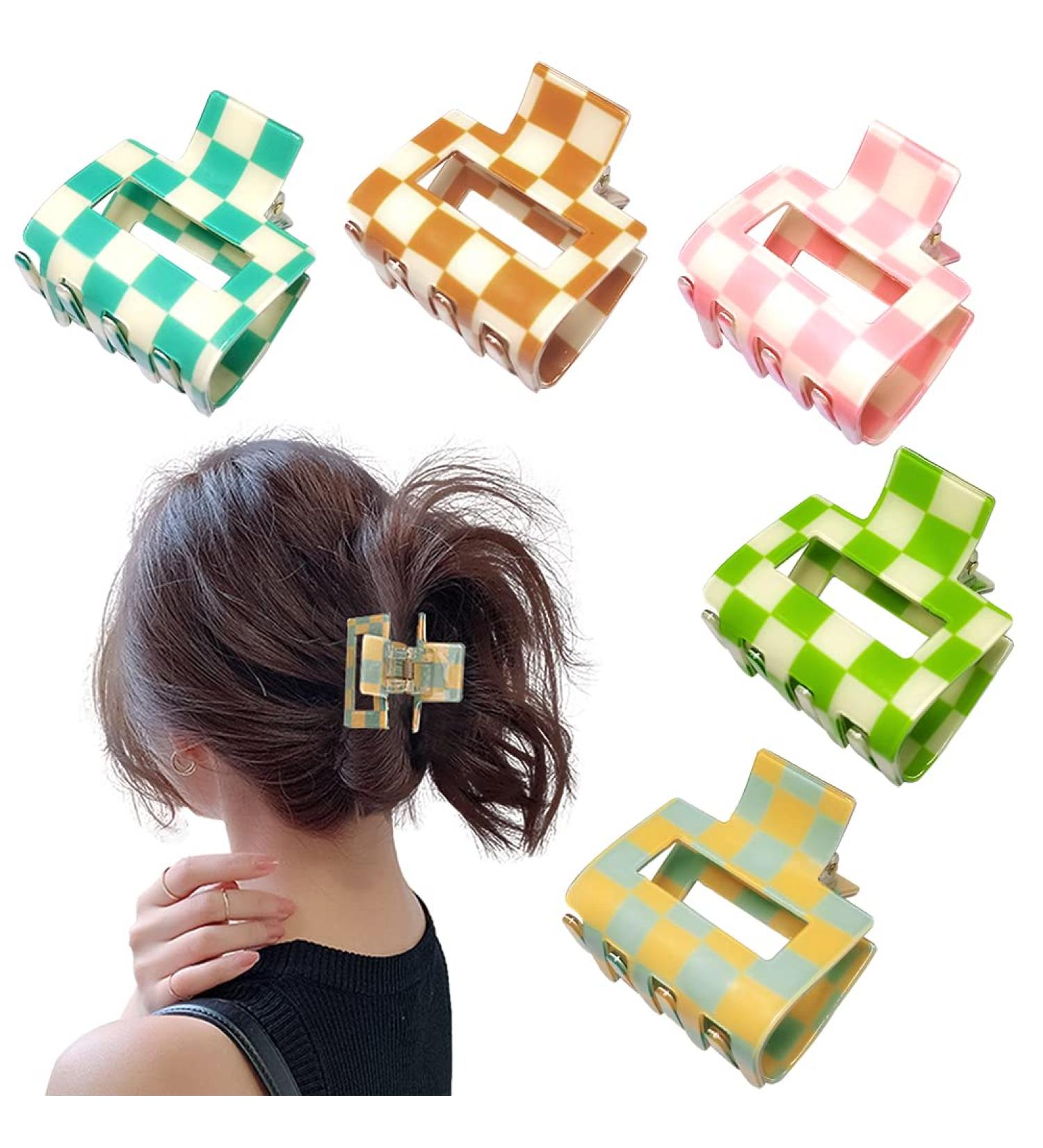 5PCS Checkered Claw Clip Acrylic Square Small Hair Claw Clips Set for Thin Hair - Exquisit Shark Clips Aesthetic Barrettes for Women - Buy Online on GoSupps.com