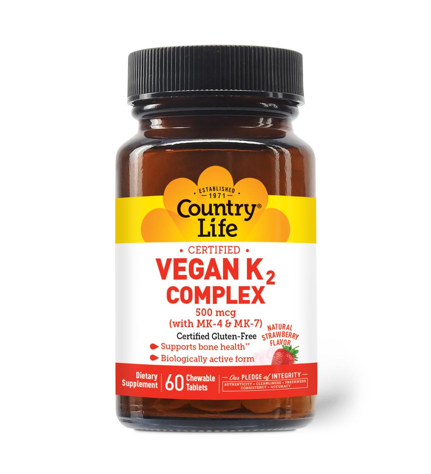 Country Life Vegan K2-500 mcg 60 Ct. Chewable Tablets. Strawberry Flavor - Certified Gluten Free - Certified Vegan by AVA to Support Bone Health 60 Count (Pack of 1) - Buy Online on GoSupps.com