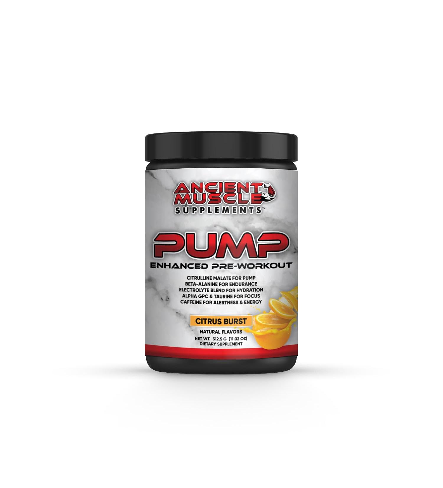 Pump Pre Workout Supplement with Citrulline Malate Beta Alanine Alpha GPC - Enhanced Pump Supplement Improves Energy Focus & Absorption - Citrus Burst Protein Powder