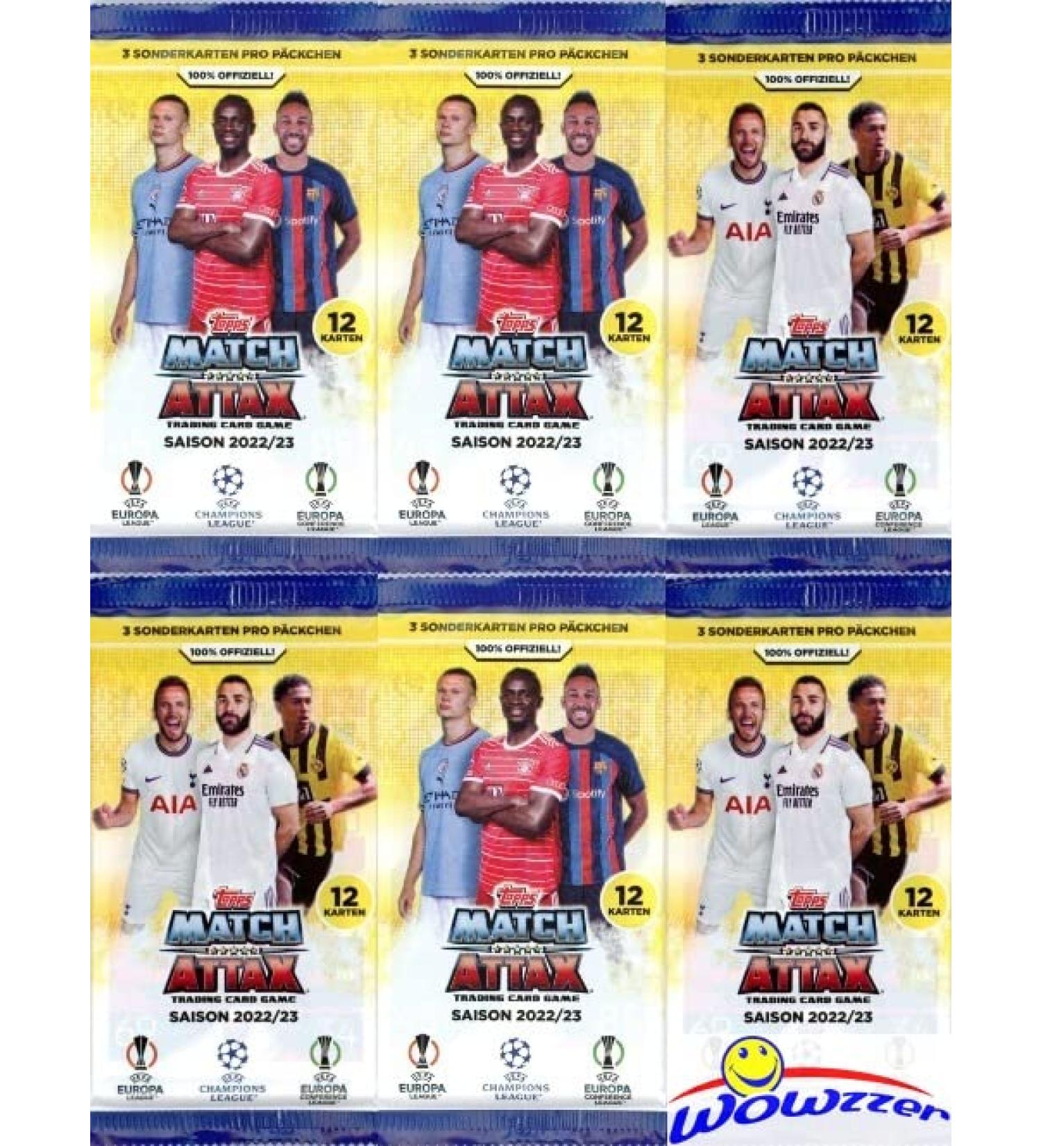2022/23 Topps Match Attax Champions League UEFA Soccer Collection of (6) Factory Sealed Foil Packs with 72 Cards! Look for Top Stars including Messi, Haaland, Ronaldo, Pulisic, Mbappe & More! WOWZZER!