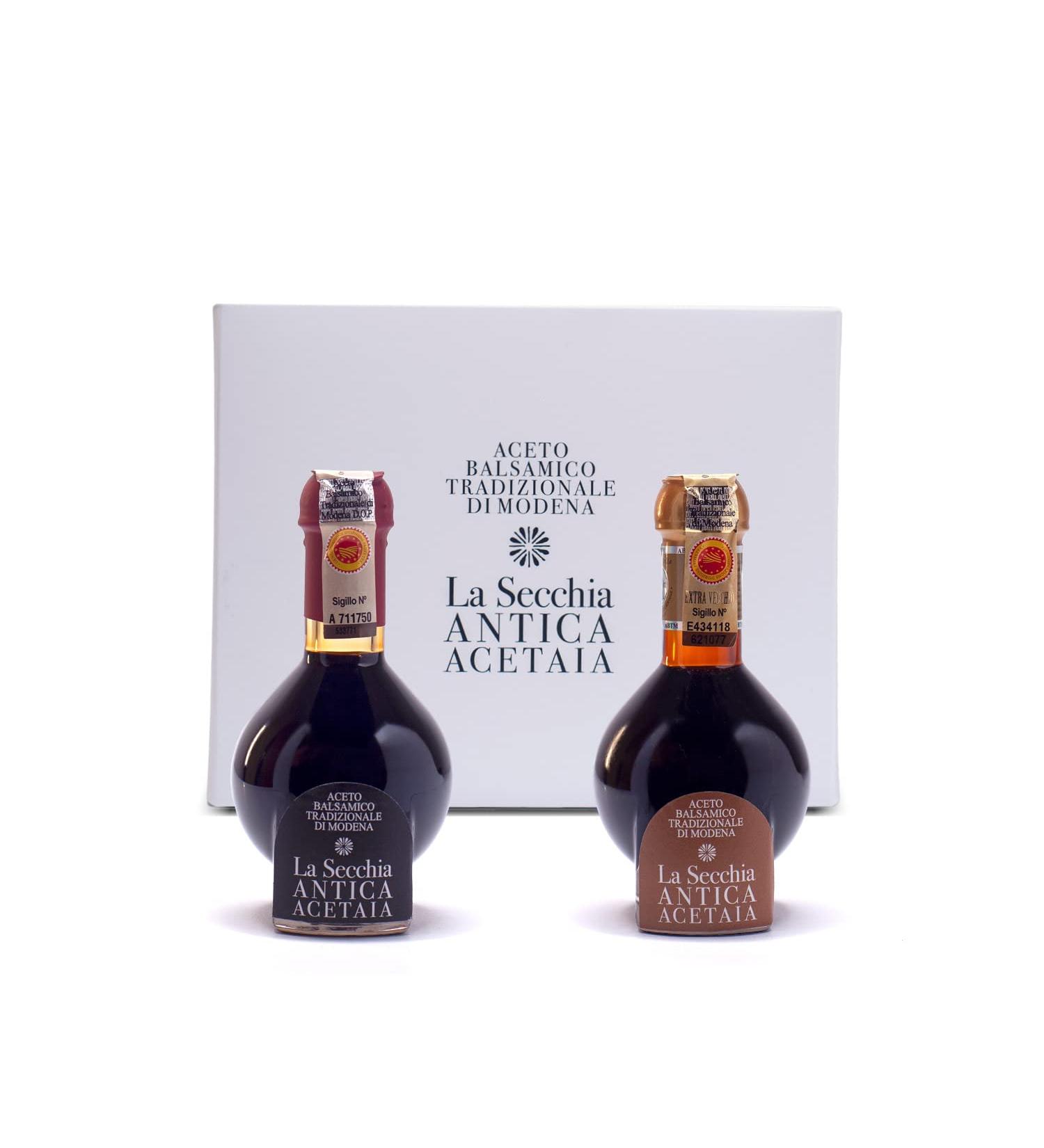 Buy La Secchia Duetto - Aged 20 & 35 Years Traditional Balsamic Vinegar from Modena DOP | Set of 2 x 100ml Bottles with Blown Glass Dosing Cap - Buy Online on GoSupps.com