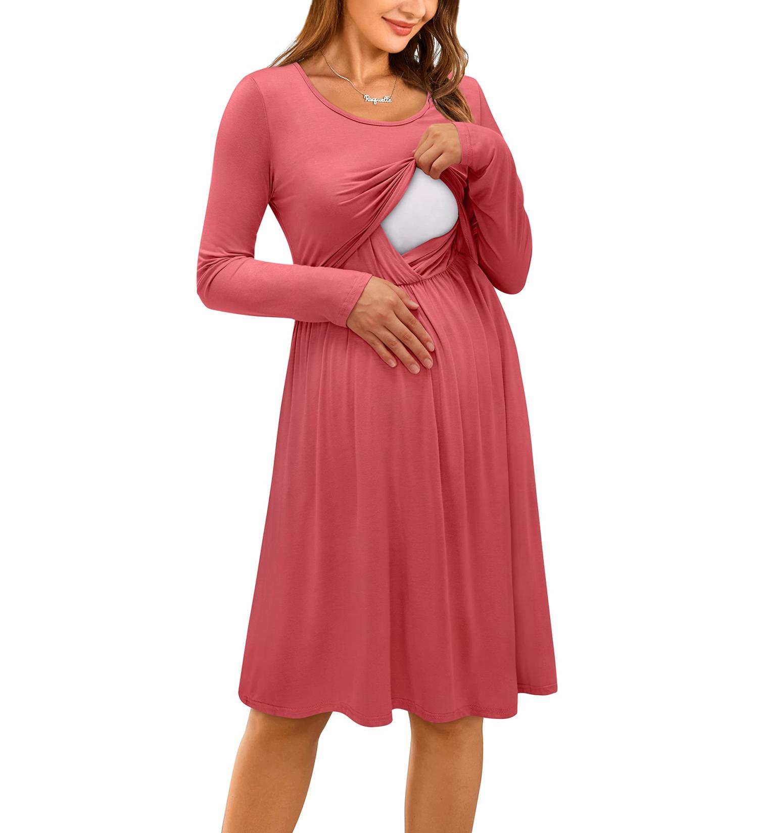 OUGES Womens V-Neck Floral Maternity Nursing Dress XL Red - Long/Short Sleeve Casual with Pockets - Buy Online on GoSupps.com