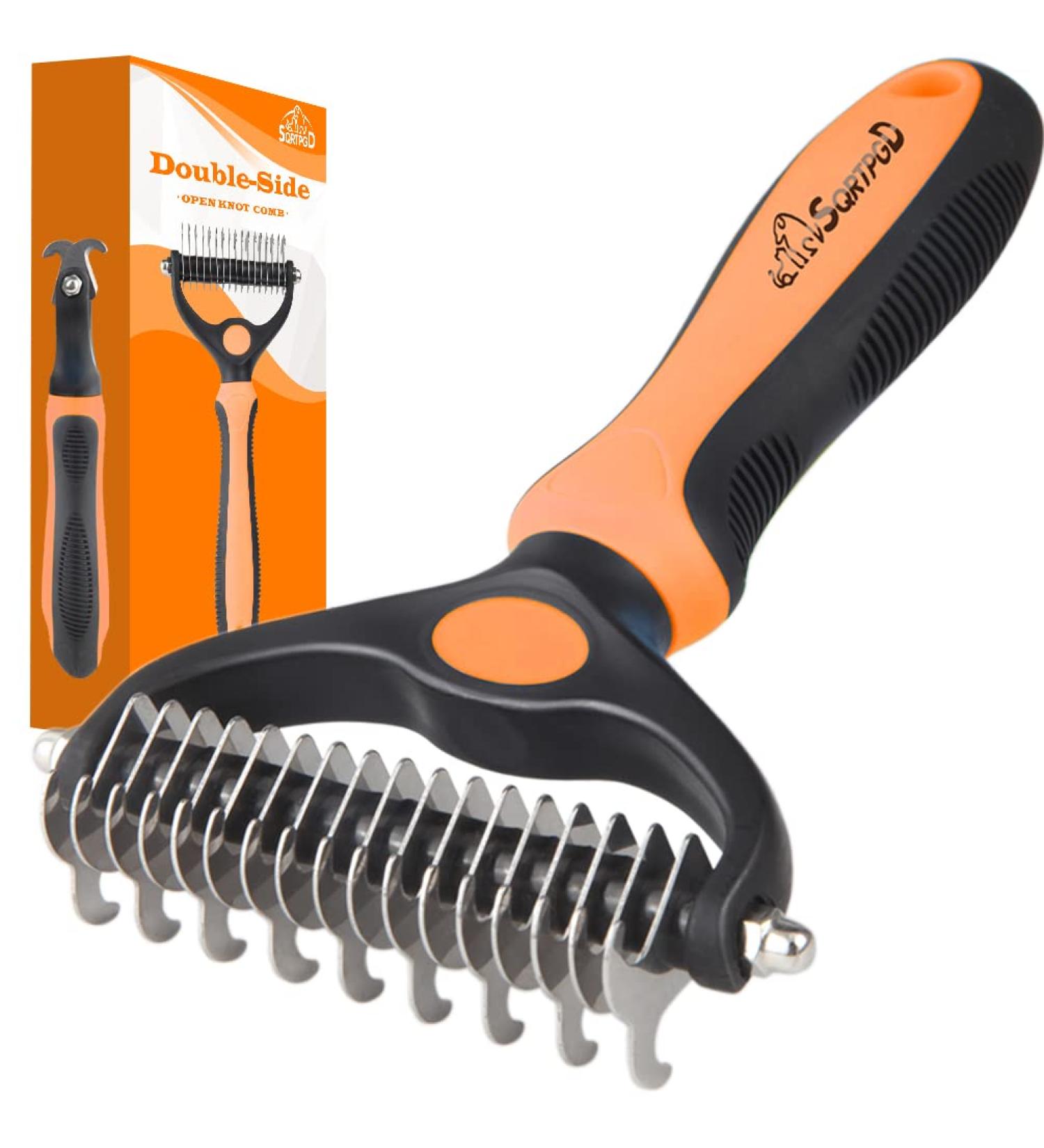 Pet Deshedding Brush for Dogs & Cats - 2 Sided Undercoat Rake - Grooming Comb for Safe Hair Dematting - Orange - Buy Online on GoSupps.com