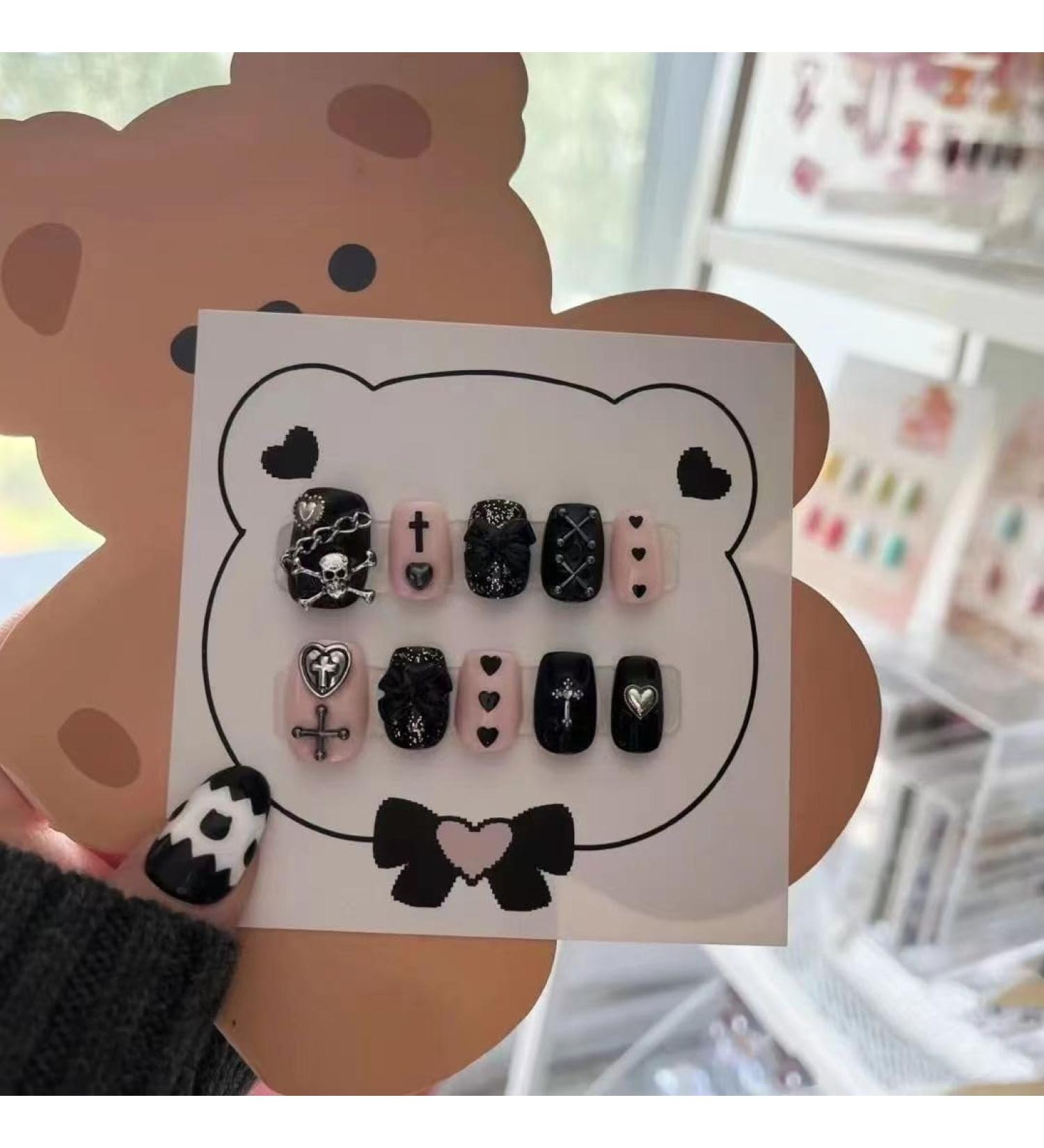 Temperament Enhancement Manicure Patch Handmade Nail Fake Nails Patch Personality Spice Girl Heavy Metal Short Nail Love Cross Manicure (10-Piece Set) (Size : S) Small