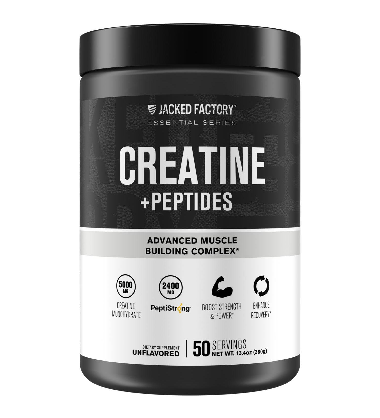 Jacked Factory Creatine + Peptides - Creatine Monohydrate and PeptiStrong Peptides for Muscle Growth and Reduced Muscle Breakdown - Unflavored - 50 Servings - Buy Online on GoSupps.com