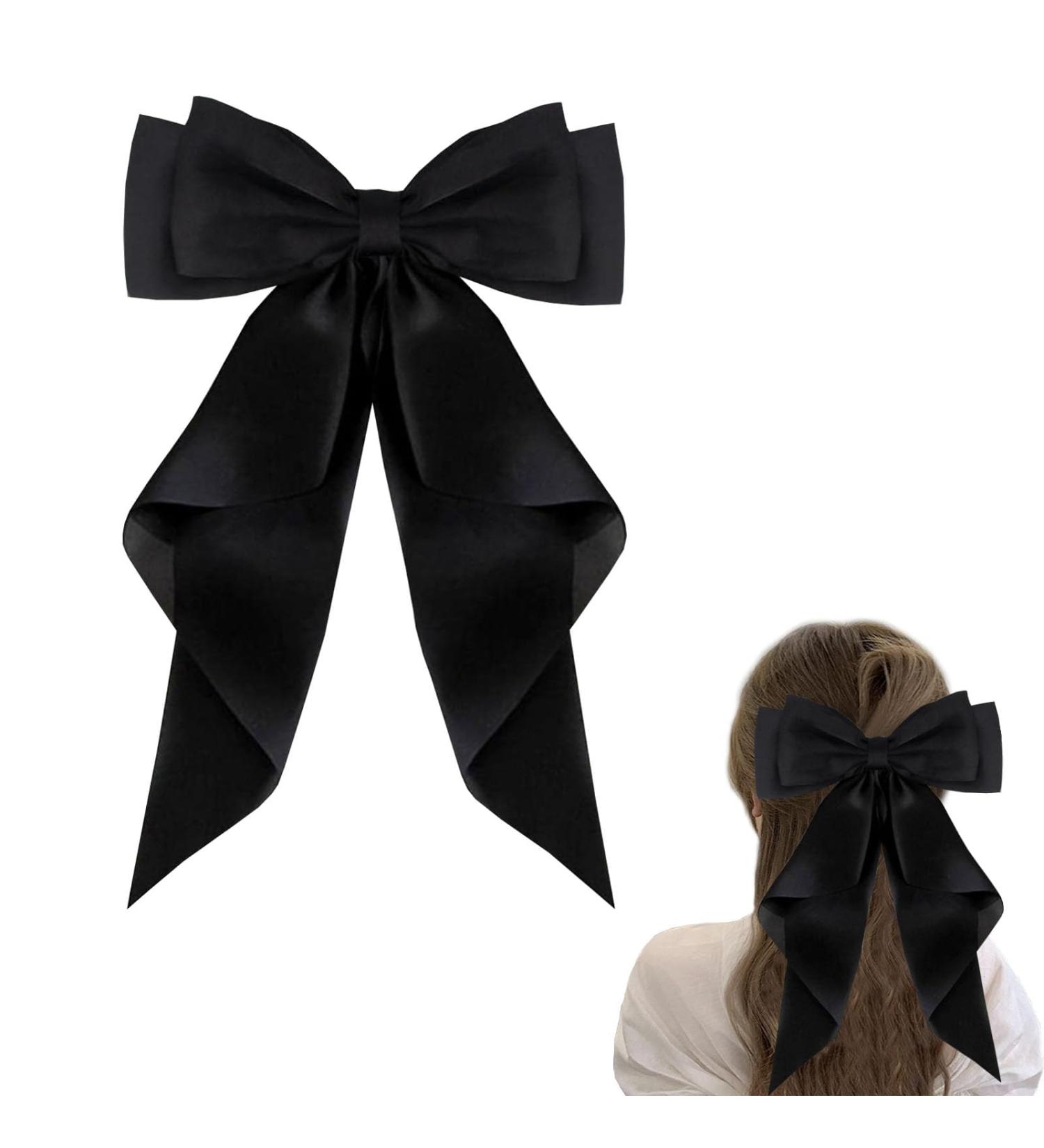 INBOLM Big Bow Hair Clips with Long Silky Satin Bow Hair Clip Hair Bows for Women Vintage Big Bowknot Hairpin Soft Satin Silky Solid Color Hair Clip for Women Girls(Black) - Buy Online on GoSupps.com