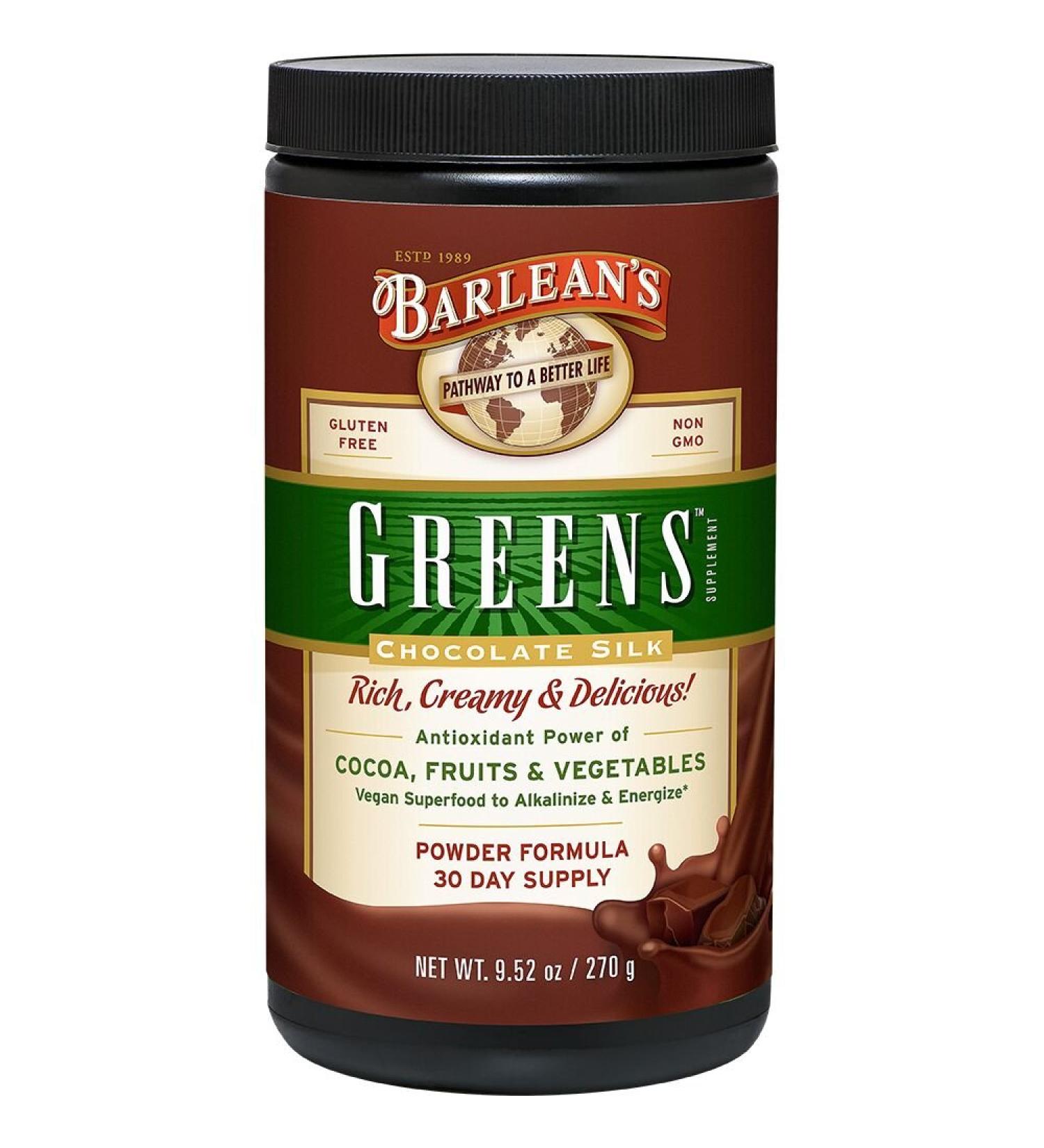 Barlean's Greens Powder Chocolate Silk - 9.52 oz | Nutrient-Dense Superfood Supplement - Buy Online on GoSupps.com