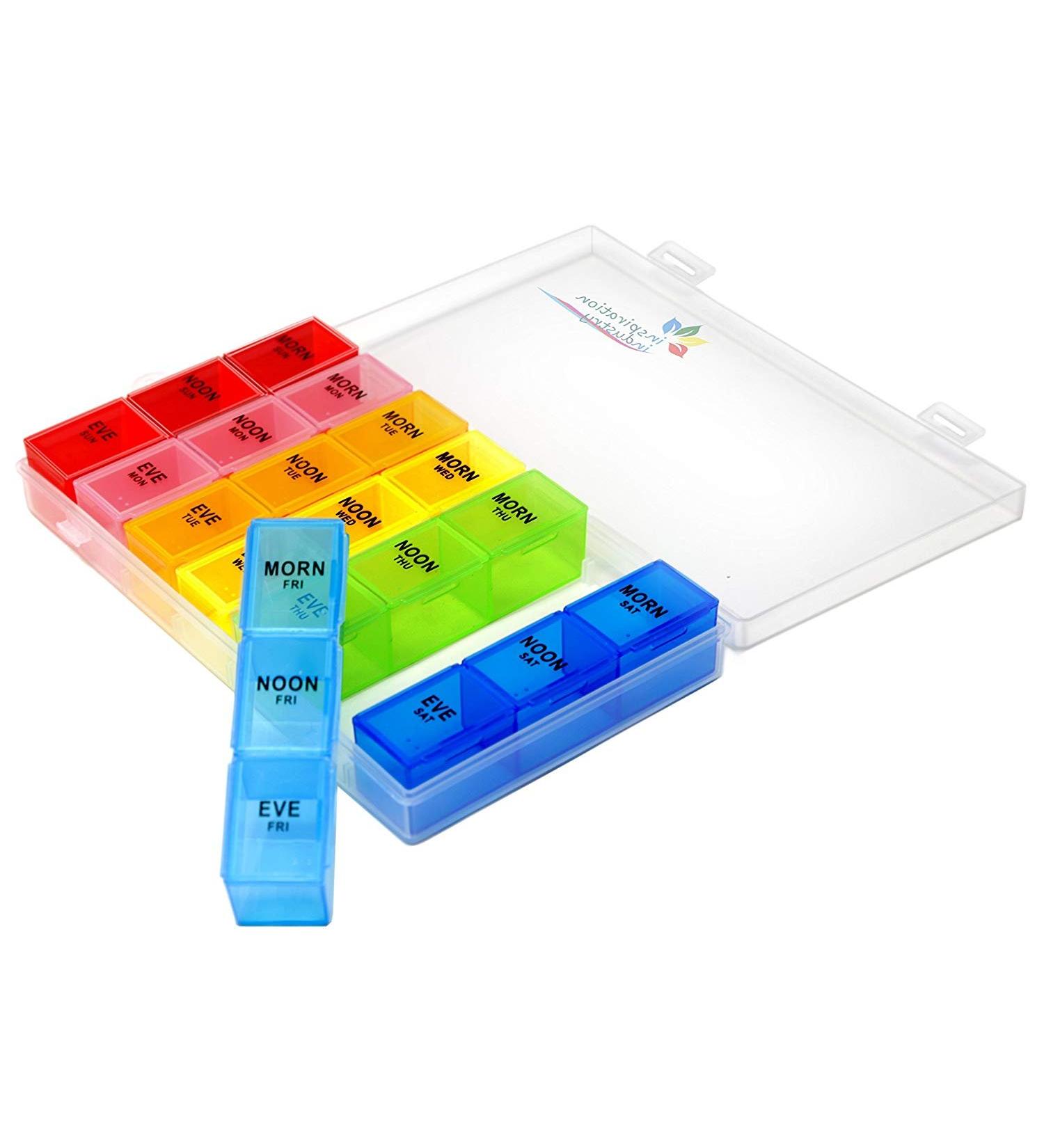 Inspirations 7-Day AM/PM Pill Organizer Box | Larger Compartments for Bigger Pills | 21 Compartments with Snap Lids - International Shipping Available - Buy Online on GoSupps.com
