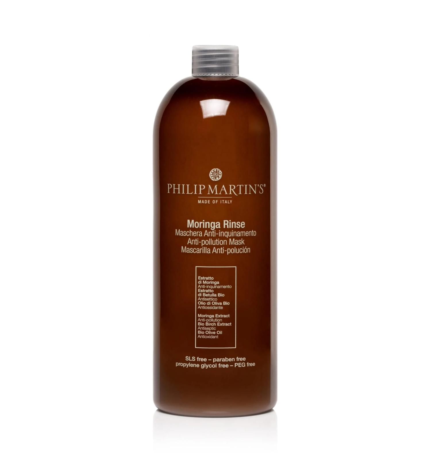 Philip Martin's Masque hydratant Moringa Rinse 1000 ml qui prot ge les cheveux de la pollution gr ce sa forte concentration en extrait de Moringa sans sulfates ni parabens.