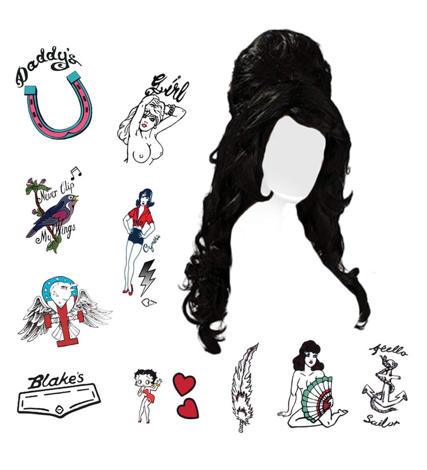 Amy Winehouse Tattoos and Wig | Skin Safe | MADE IN THE USA| Removable
