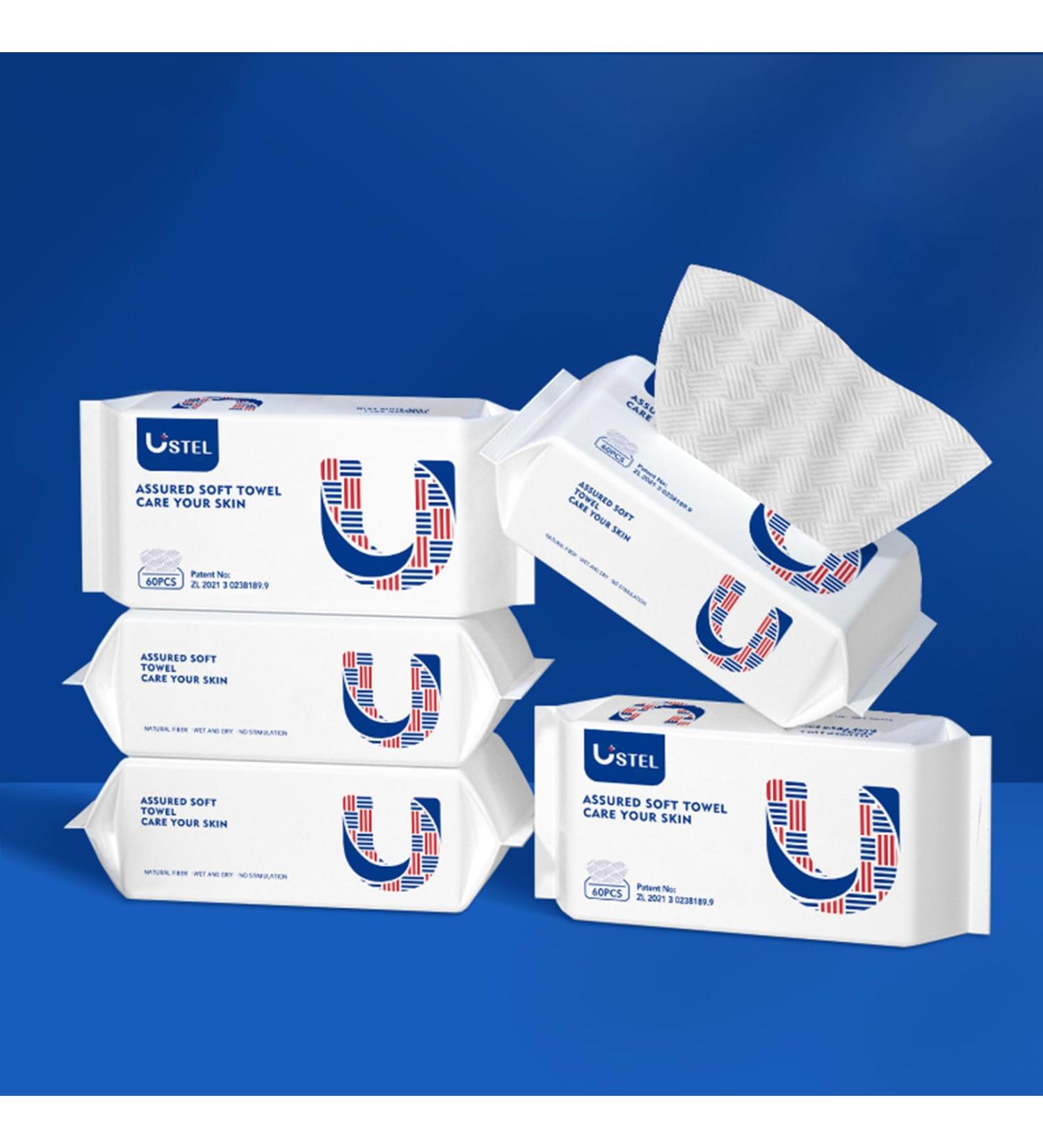 USTEL Soft Dry Wipes - 100% Biobased Facial Tissues for Sensitive Skin | 60 Ct Wet & Dry Cleansing Towels for Baby Care & Makeup Removal - International Shipping Available - Buy Online on GoSupps.com
