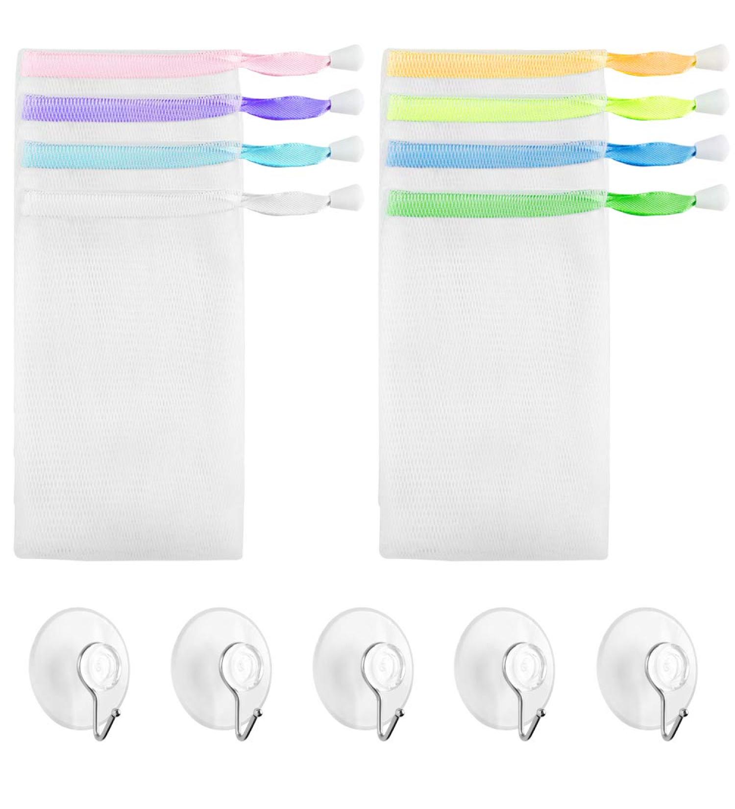 8 Pieces Soap Net Bag with 5 Pack Suction Hook Mesh Soap Saver Bags Soap Pouch Double Layer Foaming Net with Drawstring for Foaming Drying Soap - Buy Online on GoSupps.com
