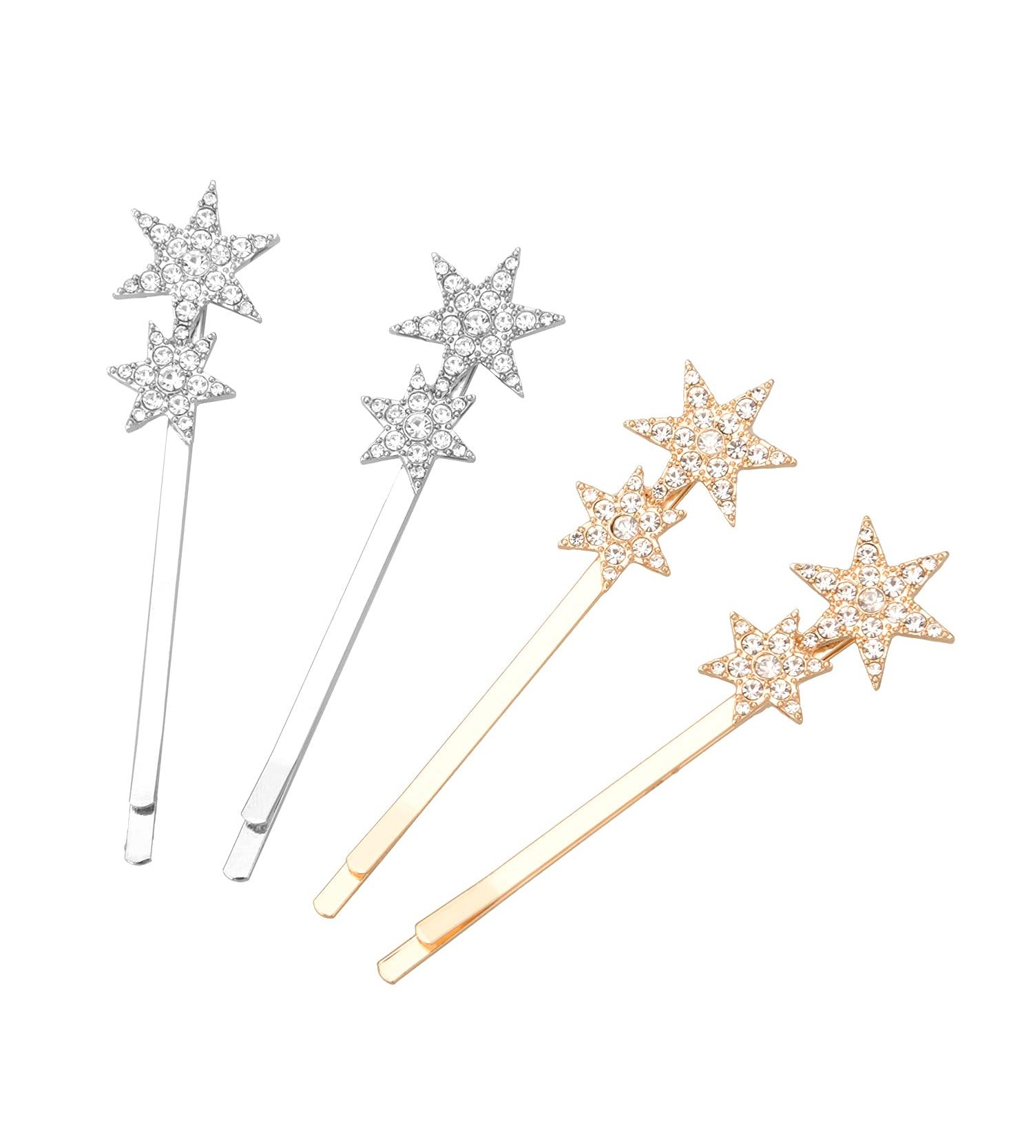 Parieo 4 Pieces Geometry Bobby Pins Rhinestone Star Hair Pins Gold Silver Hair Clips Barrettes for Women Girls - Buy Online on GoSupps.com