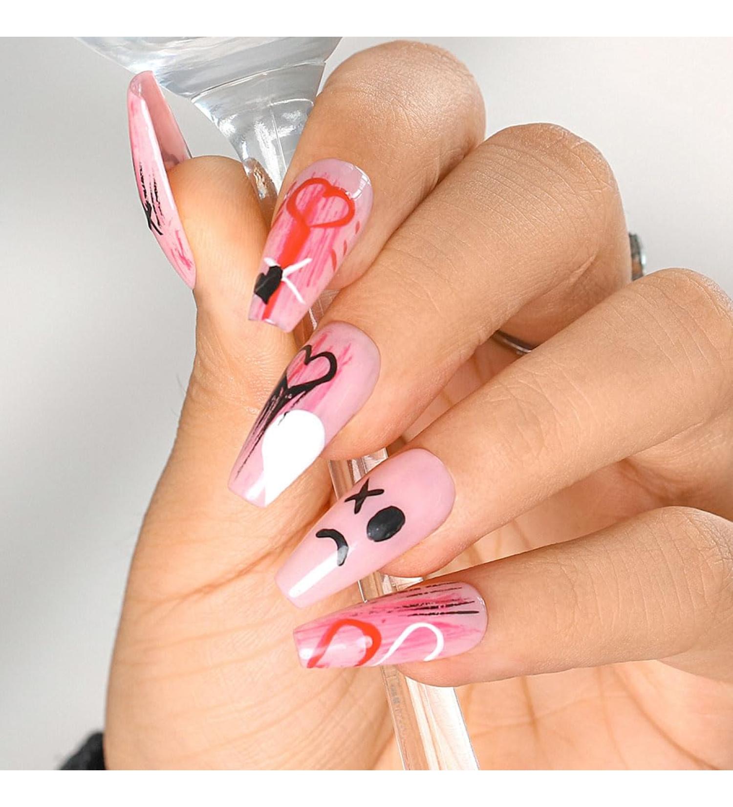 Sethexy Handmade Long Coffin False Nails - Shiny Heart Design Acrylic Nail Art for Women & Girls Salon Quality Removable & Funny - Buy Online on GoSupps.com