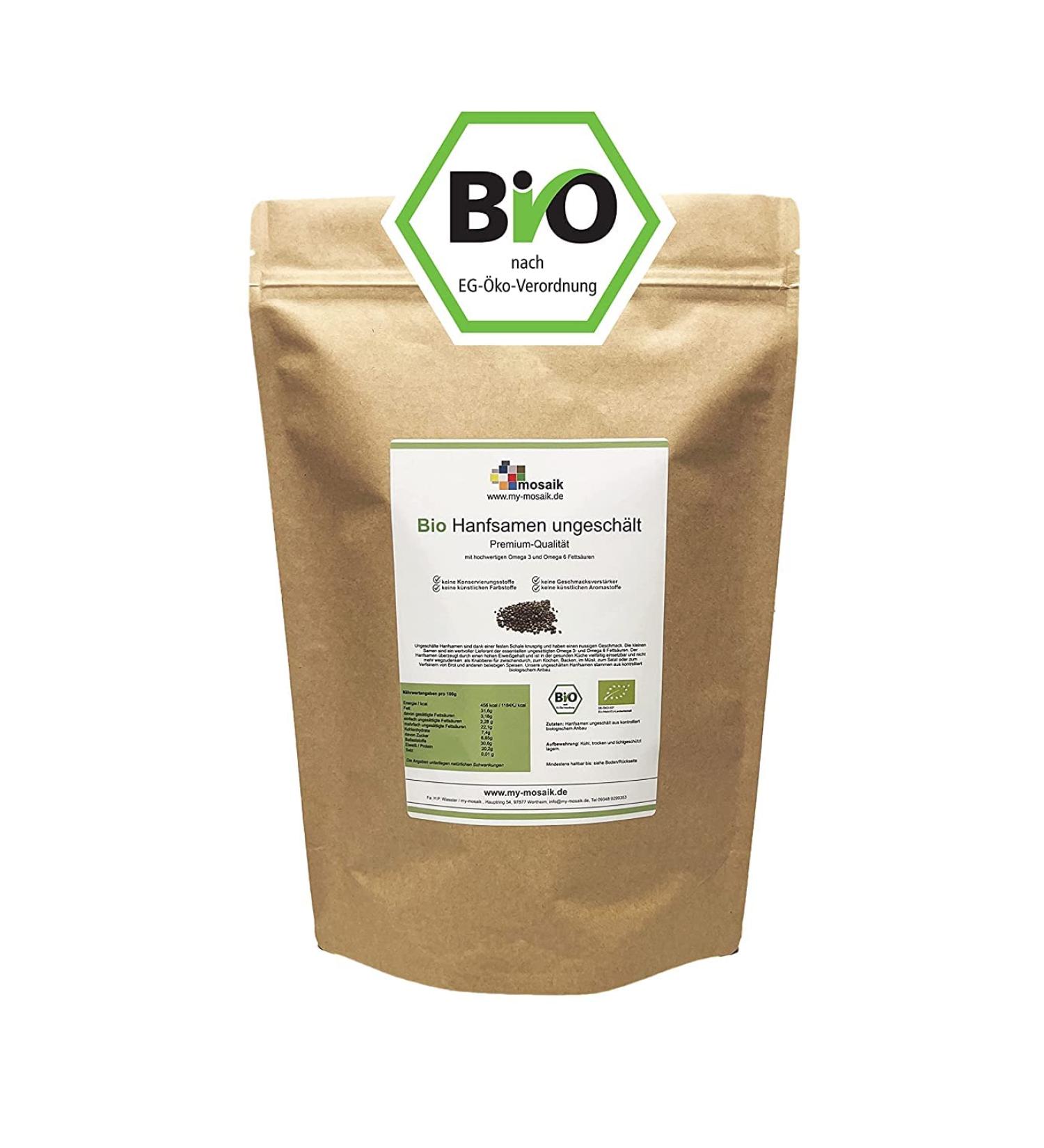 Organic Hemp Seeds from Germany | My-Mosaic | Vegan Low Carb Perfect for Cooking & Baking - 500g - Buy Online on GoSupps.com