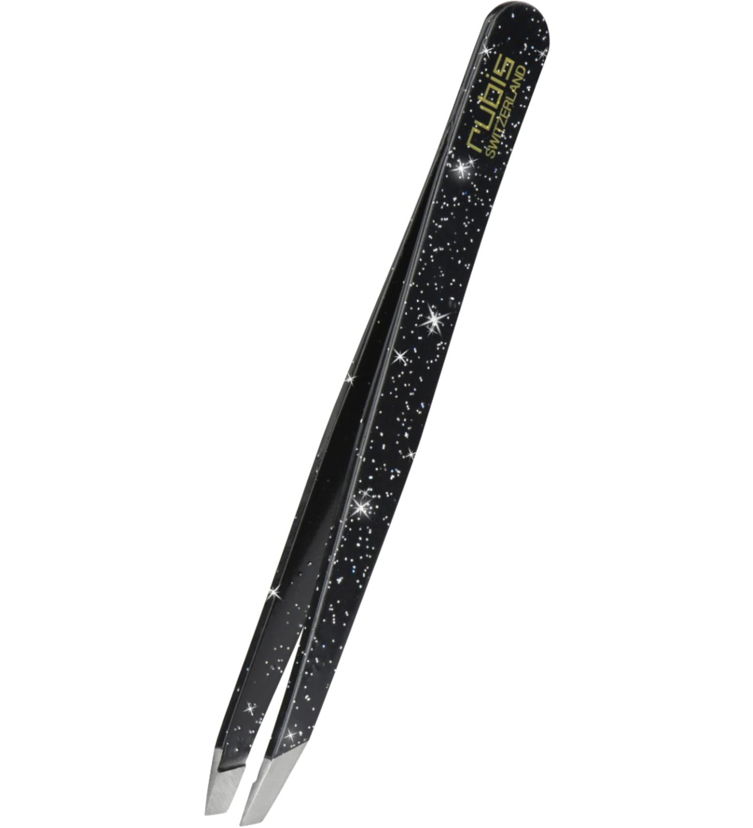 Rubis Switzerland Tweezers Slanted - Black Glitter - Professional Slant Plucking Tweezers for Eyebrow Shaping and Hair Removal