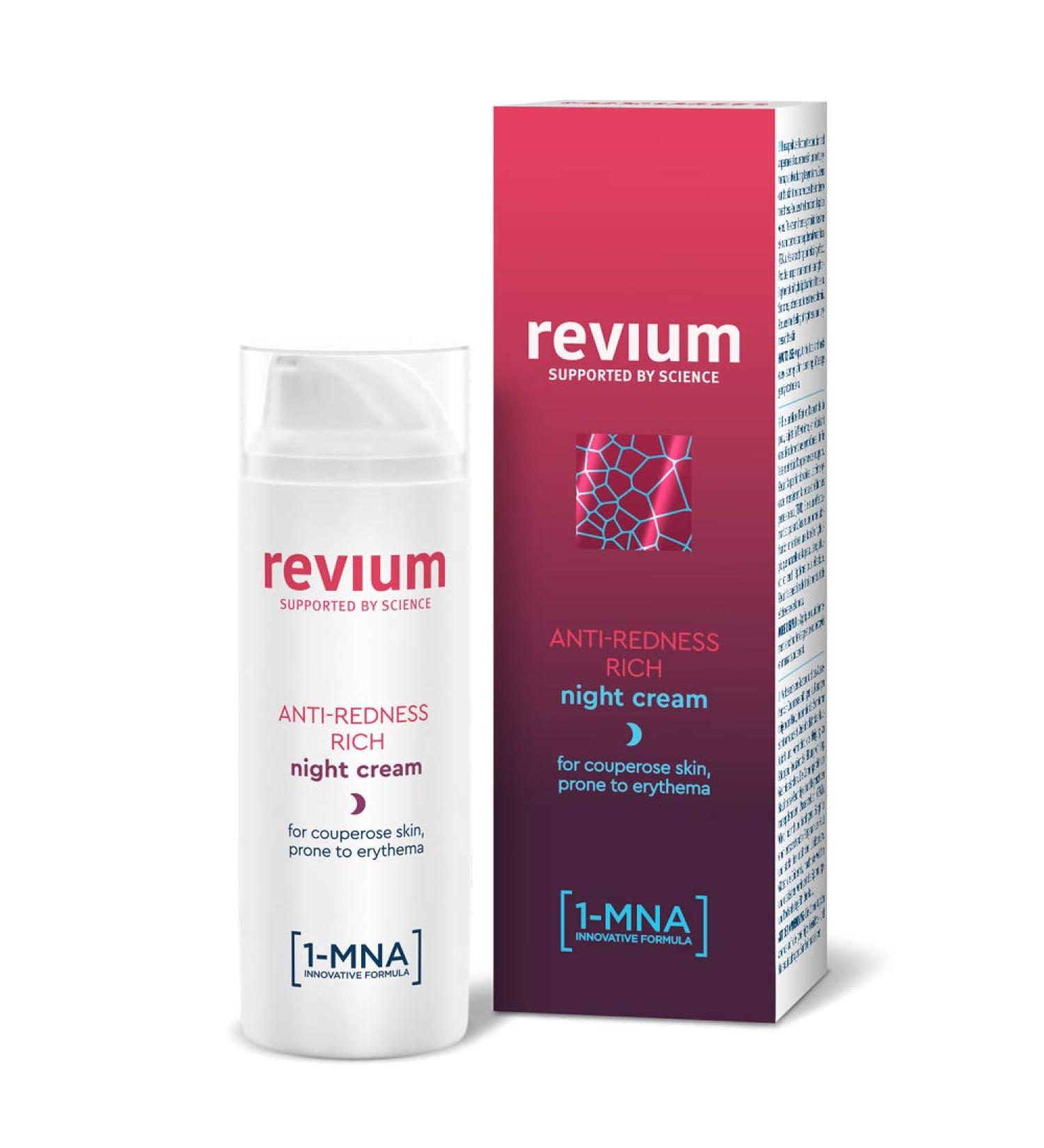 Revium Rosacea Anti-Redness Rich Night Cream for Coupreose Skin Prone to Erythema with 1-MNA Molecule Chlorella Vulgaris Green Algae Extract Acerola Friut Macadamia Oil Shea Butter 50ml - Buy Online on GoSupps.com