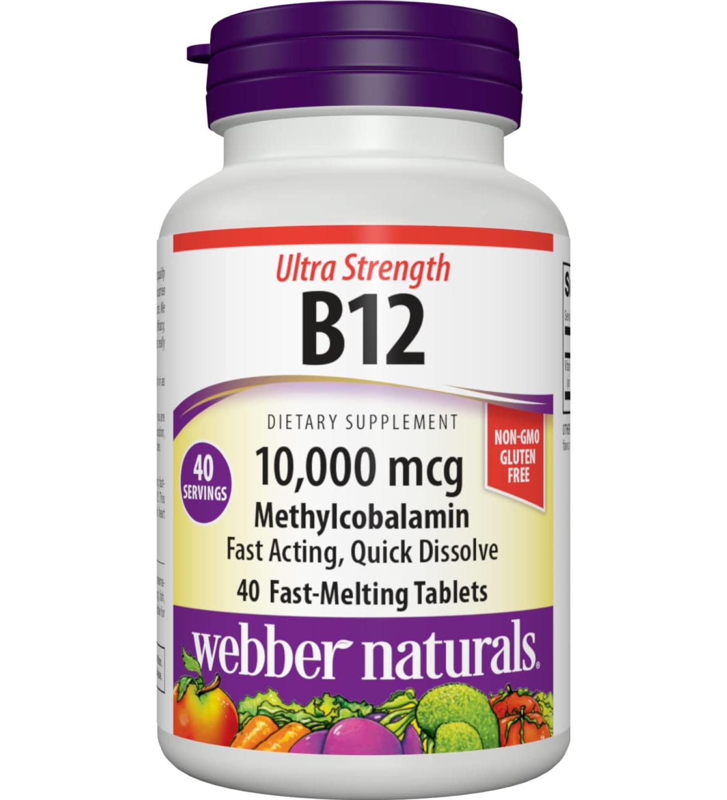 Webber Naturals Vitamin B12 10,000 mcg Ultra Strength Fast-Melting Tablets - 40 Count | Energy Metabolism, Immune & Heart Health Support | Gluten Free, Non-GMO, Vegan - Buy Online on GoSupps.com