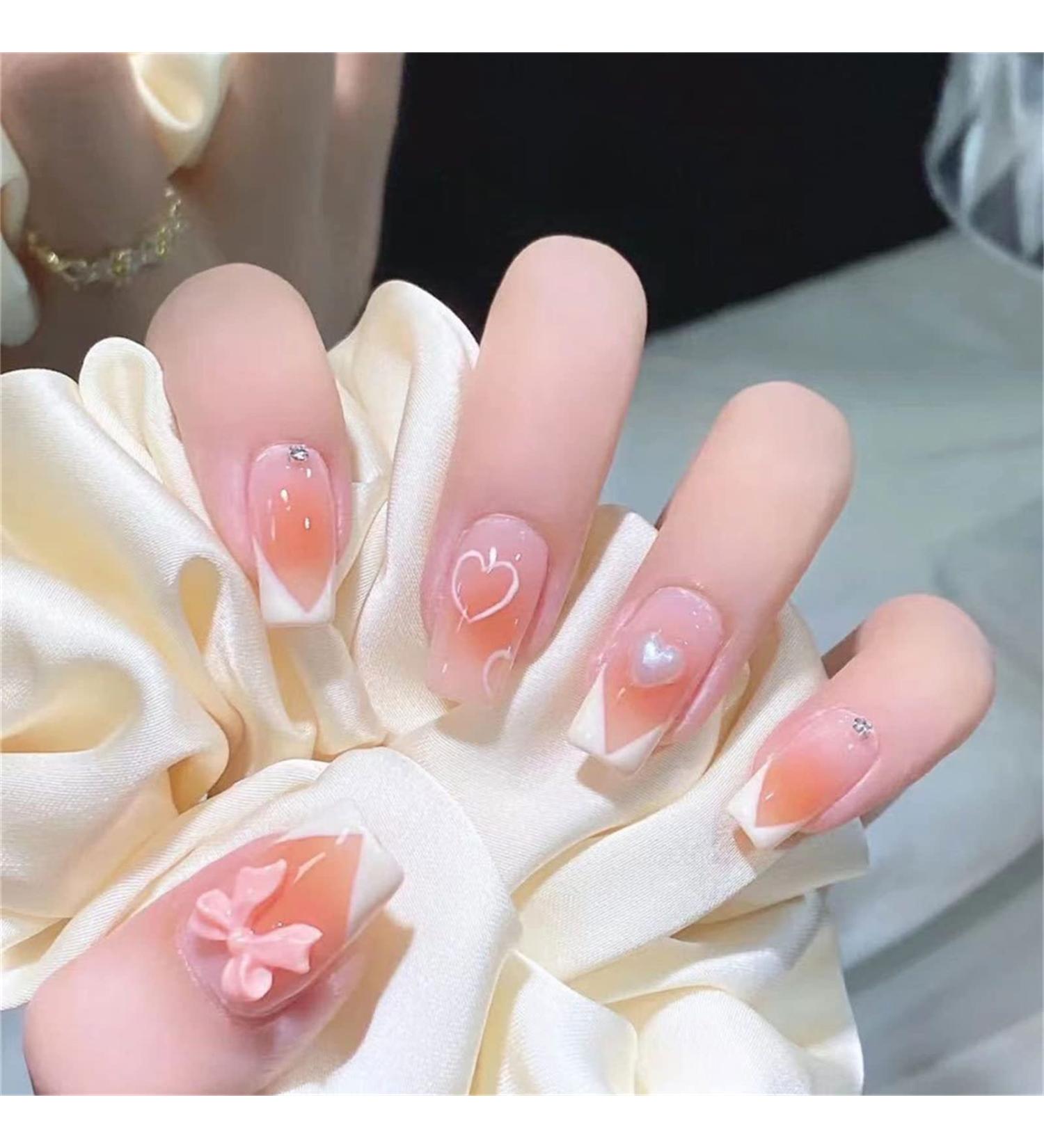 Short Fake Nail Full Cover Glue Included Detachable French Heart Love Press on Nails 24 Pieces Finger Nail Art Tips for Nail Salons and Women DIY Nail Art - Buy Online on GoSupps.com