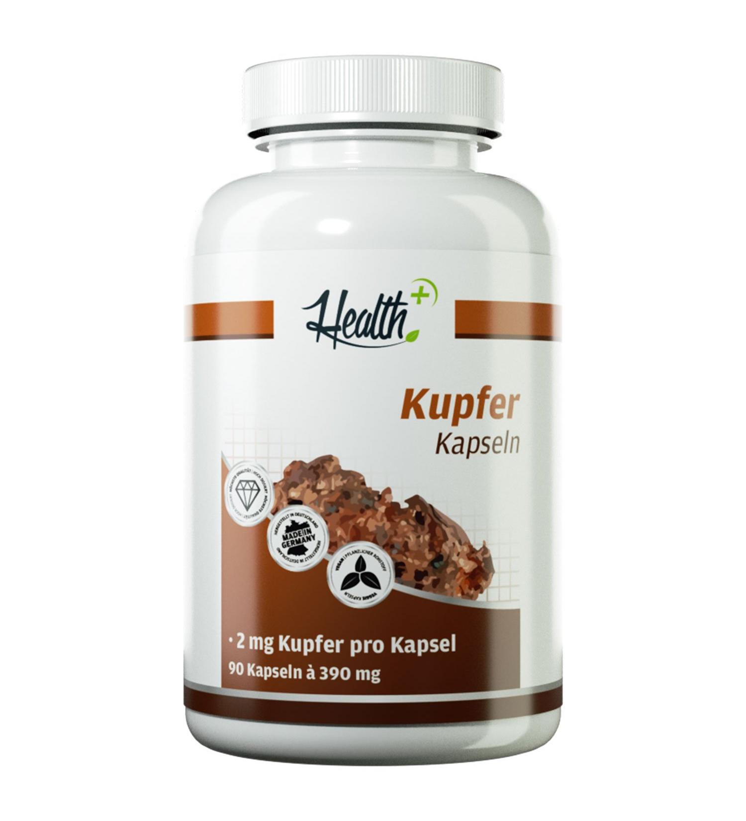Health+ Copper - 90 capsules of pure copper gluconate essential trace element iron supplements and minerals Made in Germany