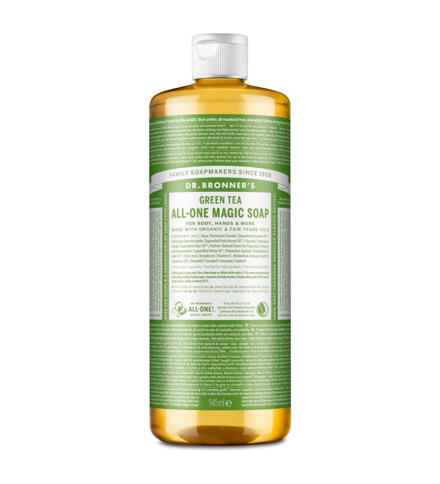 Dr Bronner's Dr Bronners 18in1 natural soap organic liquid soap green tea shower gel hand soap shampoo and much more with organic oils Fair Trade 945 ml - Buy Online on GoSupps.com