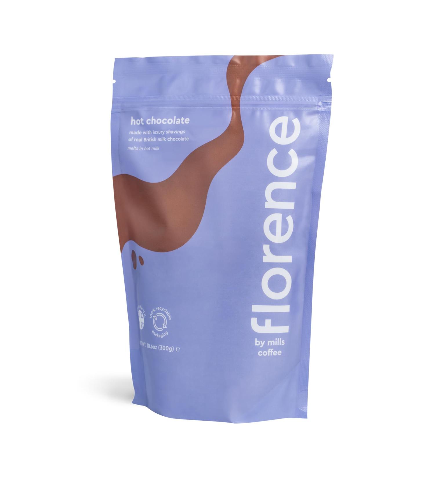 florence by mills Hot Chocolate Flakes - 300g | Luxury Real British Milk Chocolate Shavings with Vanilla | Melts in Hot Milk for Gourmet Hot Chocolate | Approx. 10 Servings | by Millie Bobby Brown