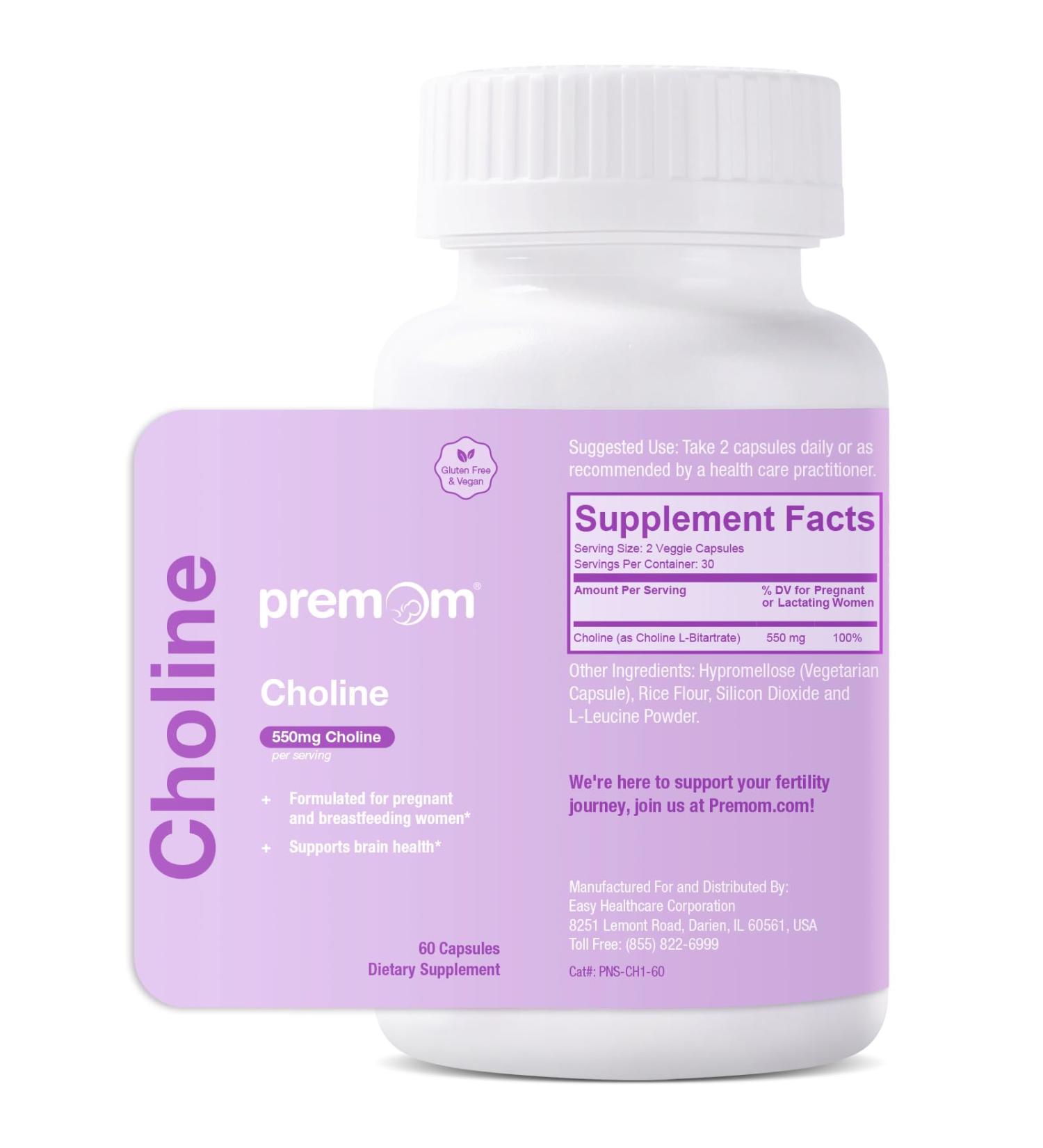 Premom Prenatal Choline Bitartrate Supplement: 550mg for Cognitive Development Meet Daily Needs Nutritional Support for Pregnancy & Metabolism Baby Brain Development 60 Capsules 30 Days Supply - Buy Online on GoSupps.com