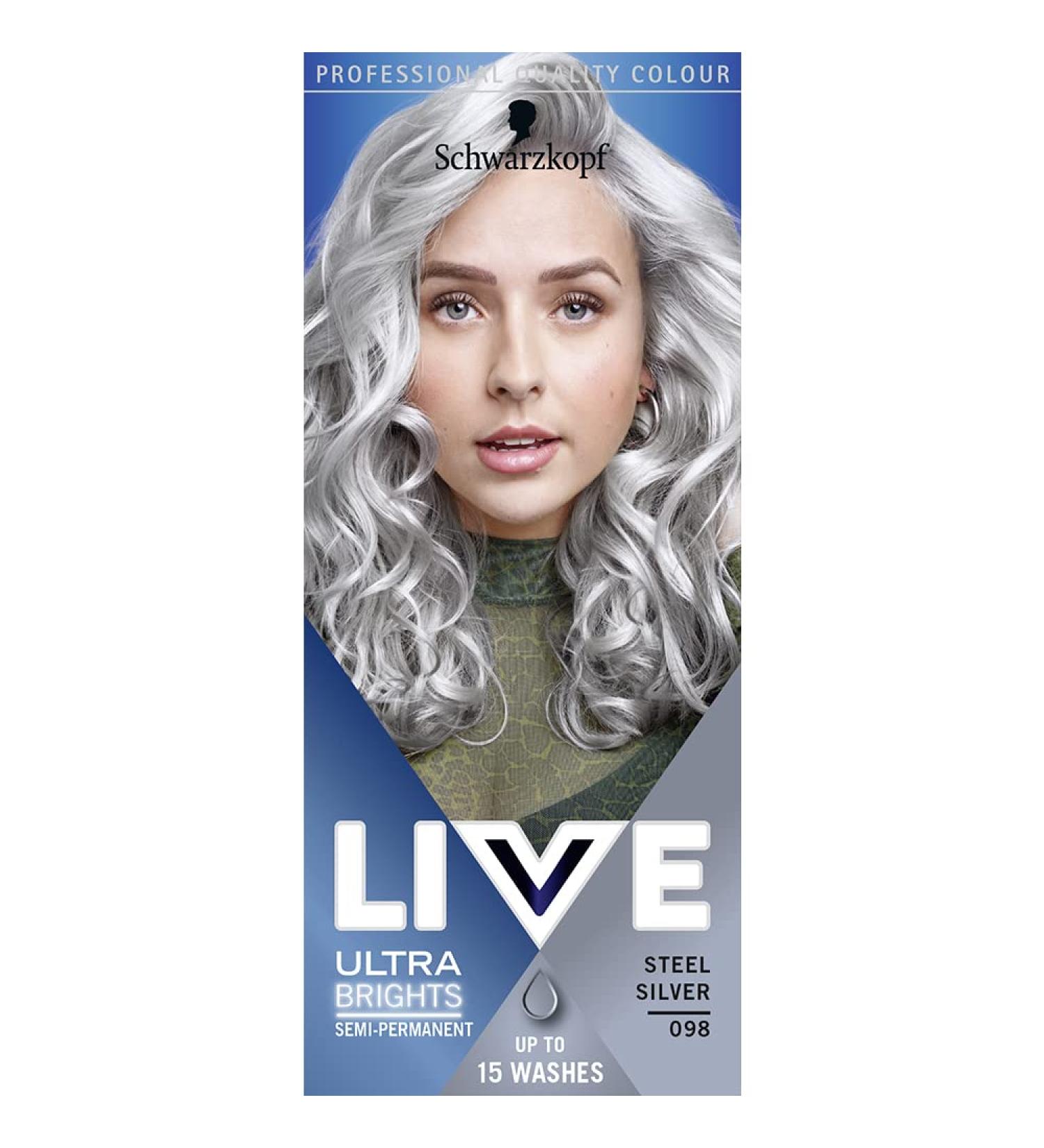 Schwarzkopf LIVE Ultra Brights Steel Silver Hair Dye | Semi-Permanent 15 Washes | 098 Steel Silver | 1 Count Pack - Buy Online on GoSupps.com