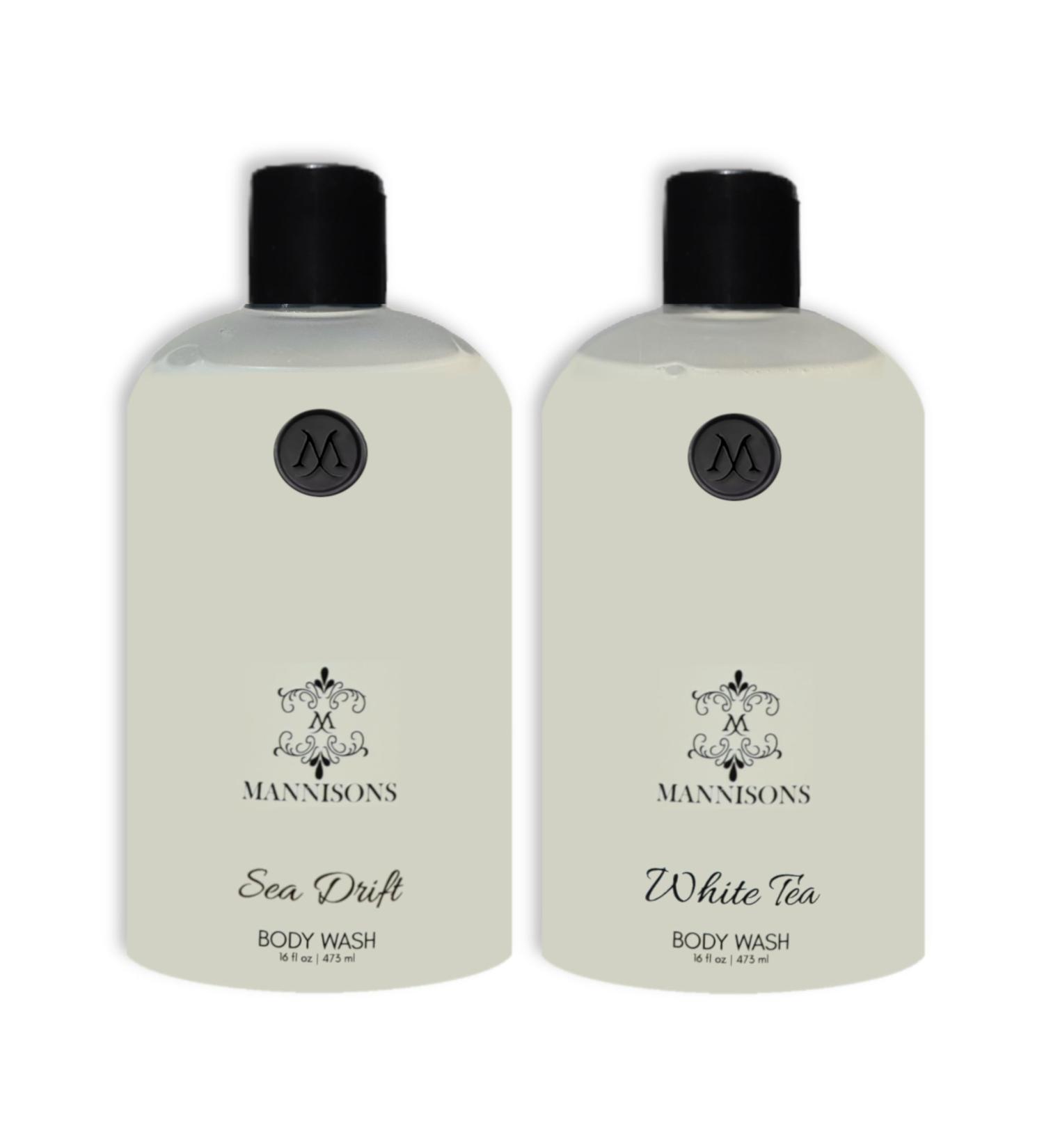 Mannisons Body Wash with Deep Moisture | For Women & Men Sulfate Paraben & Dye Free Leaving Skin Soft and Hydrated | 2-Pack Set - Sea-Drift/White Tea (16 fl oz/ea)